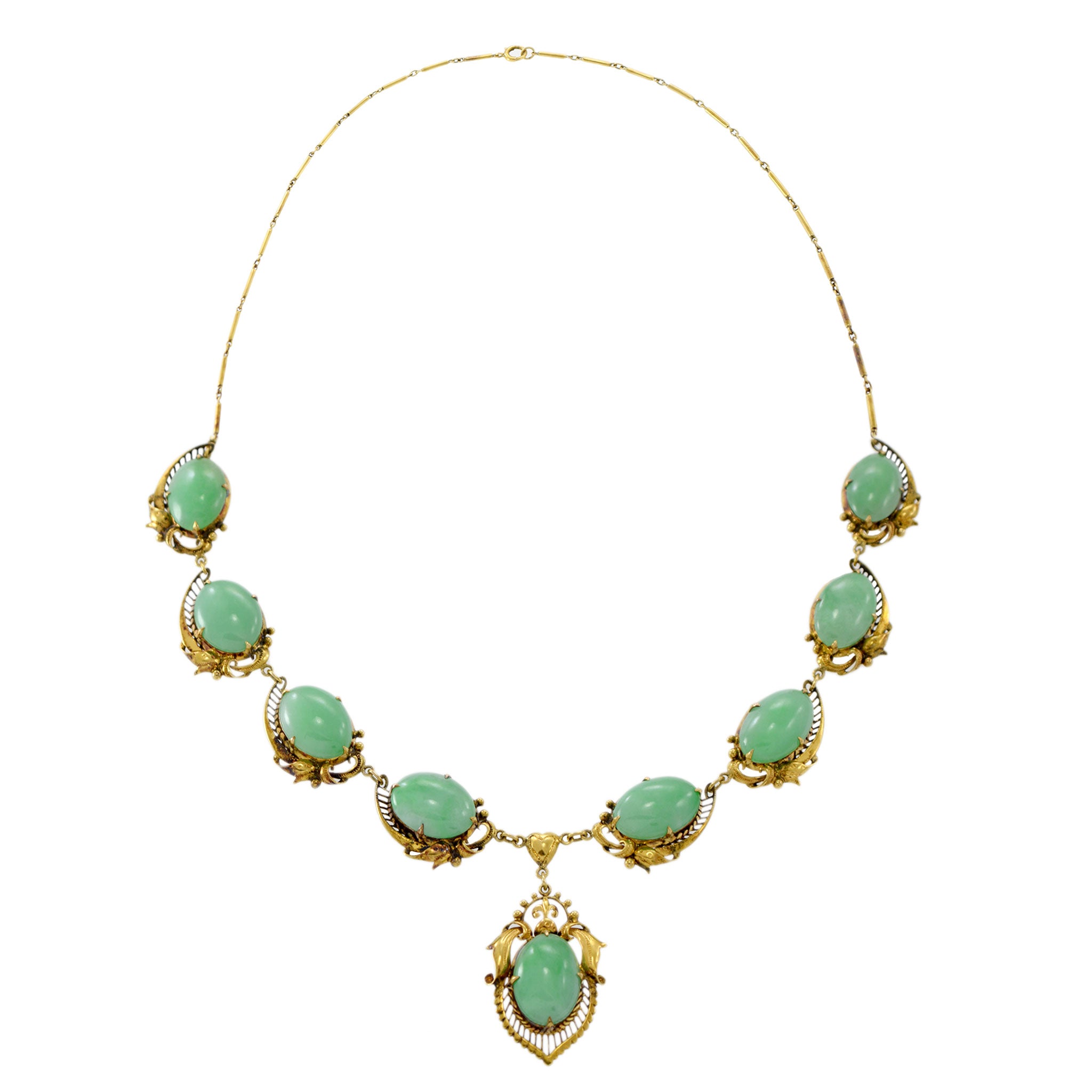 14KT Yellow Gold Retro Era Jade Bib Necklace