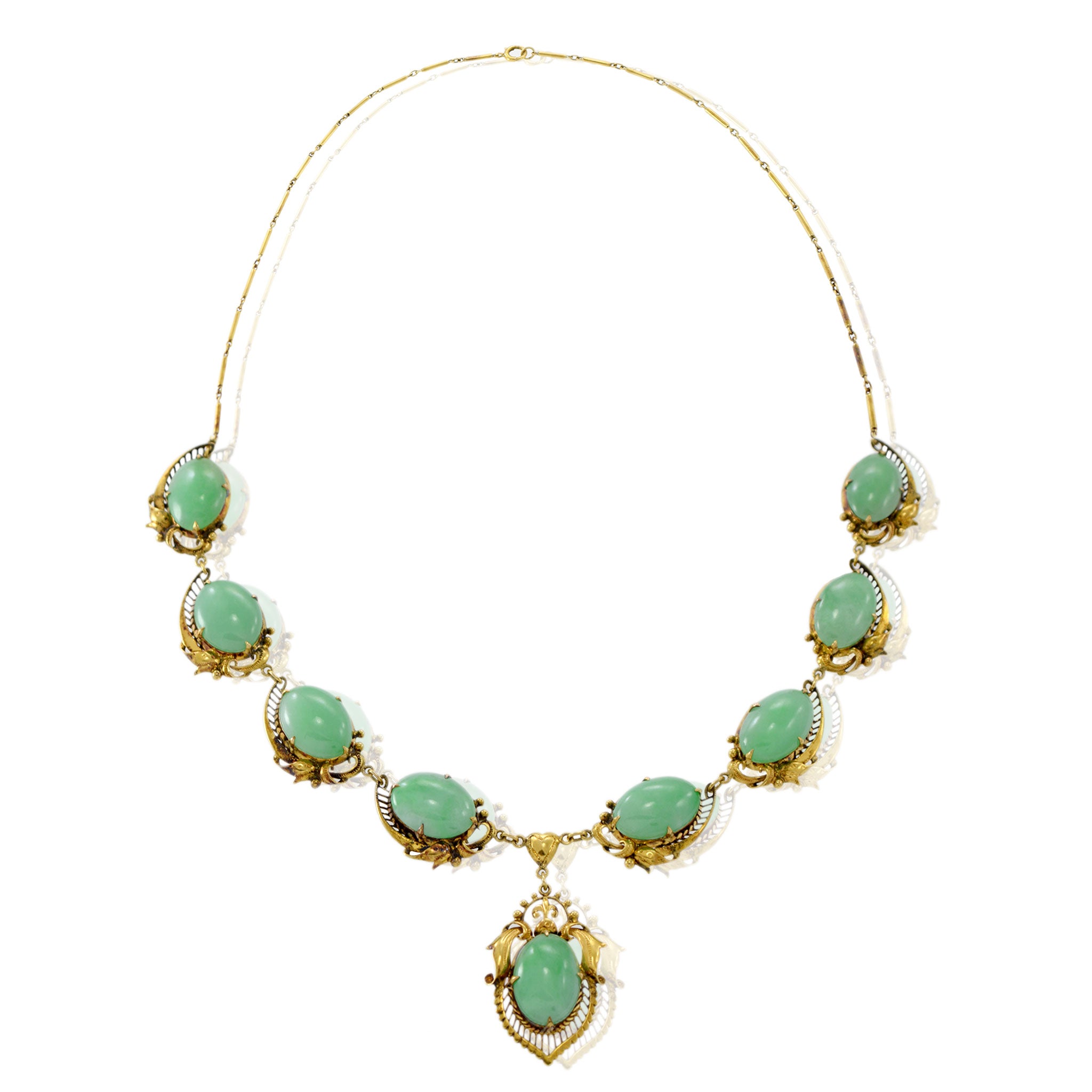 14KT Yellow Gold Retro Era Jade Bib Necklace