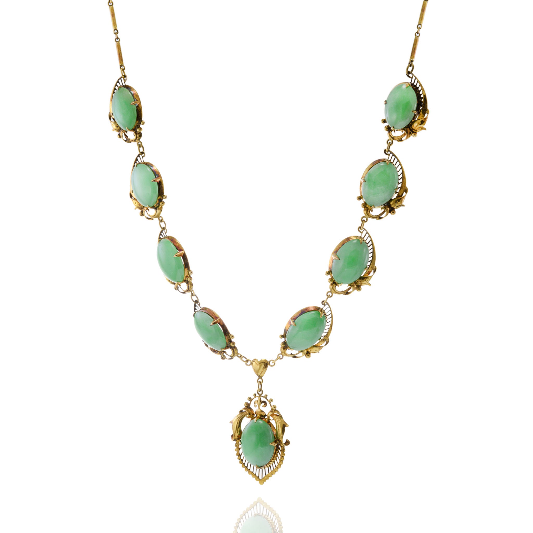 14KT Yellow Gold Retro Era Jade Bib Necklace