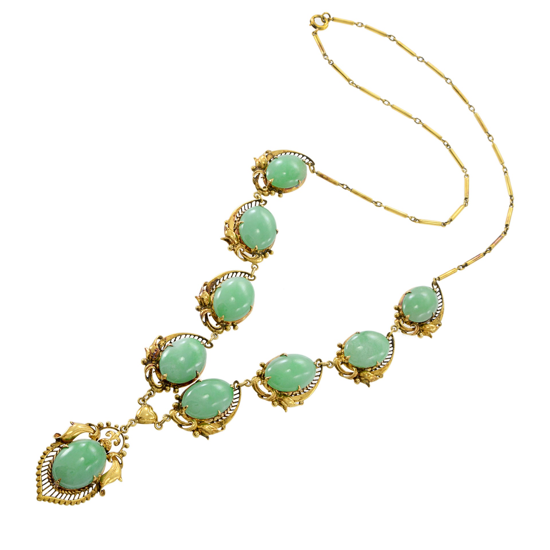 14KT Yellow Gold Retro Era Jade Bib Necklace