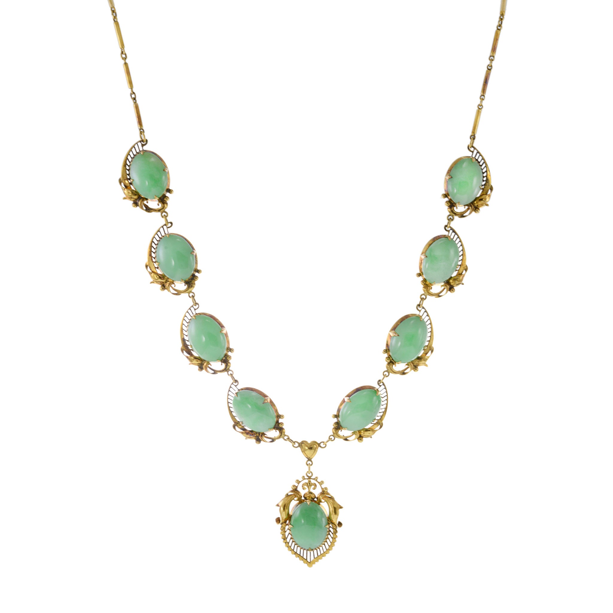 14KT Yellow Gold Retro Era Jade Bib Necklace