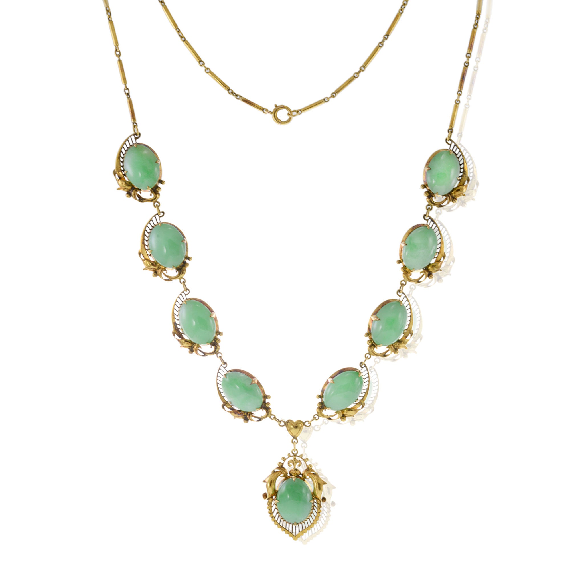 14KT Yellow Gold Retro Era Jade Bib Necklace