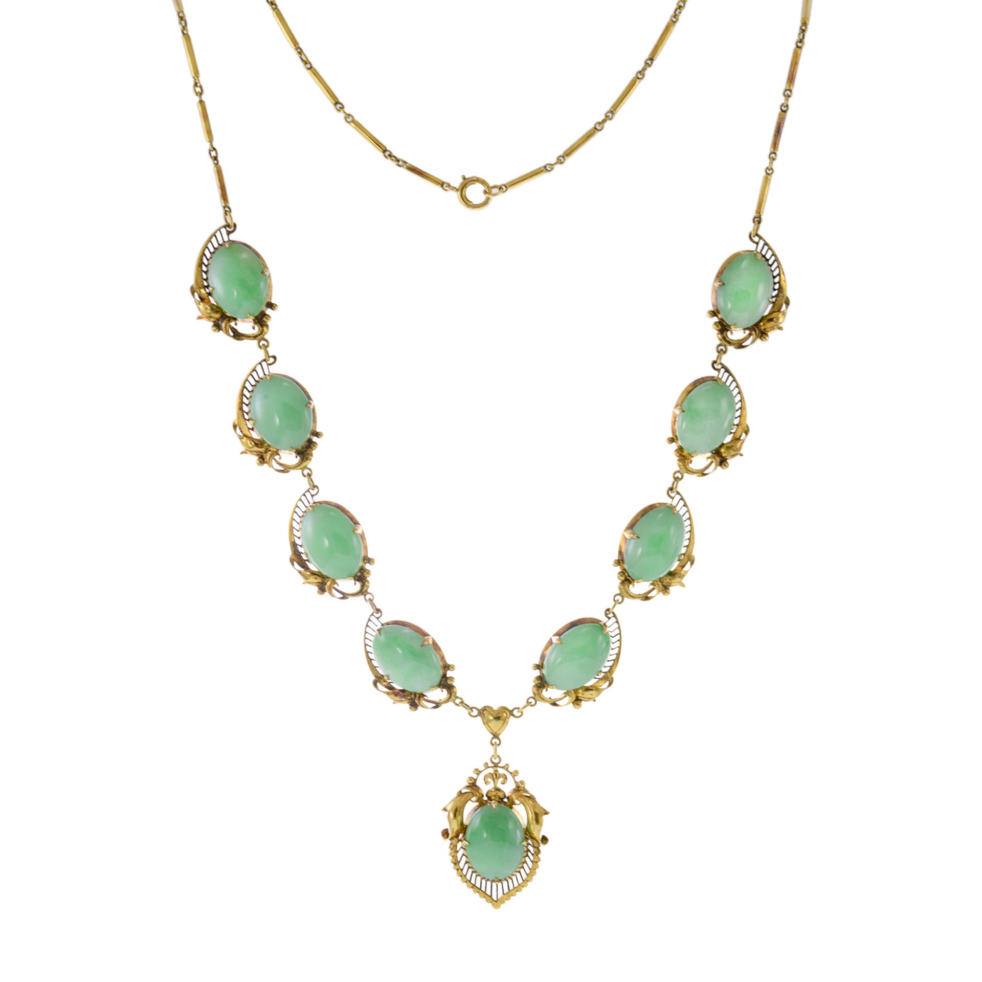 14KT Yellow Gold Retro Era Jade Bib Necklace