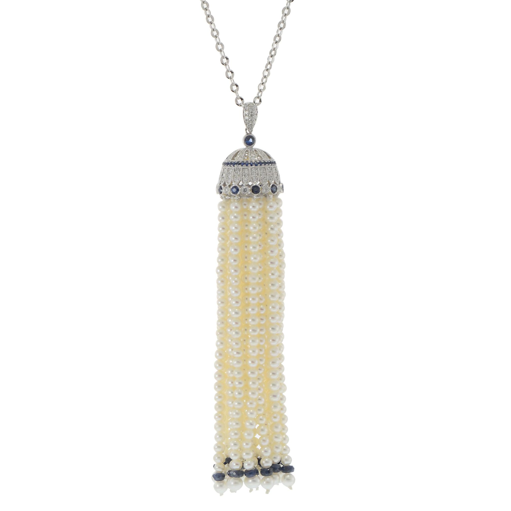 18KT White Gold Pearl, Diamond, and Sapphire Tassel Drop Necklace