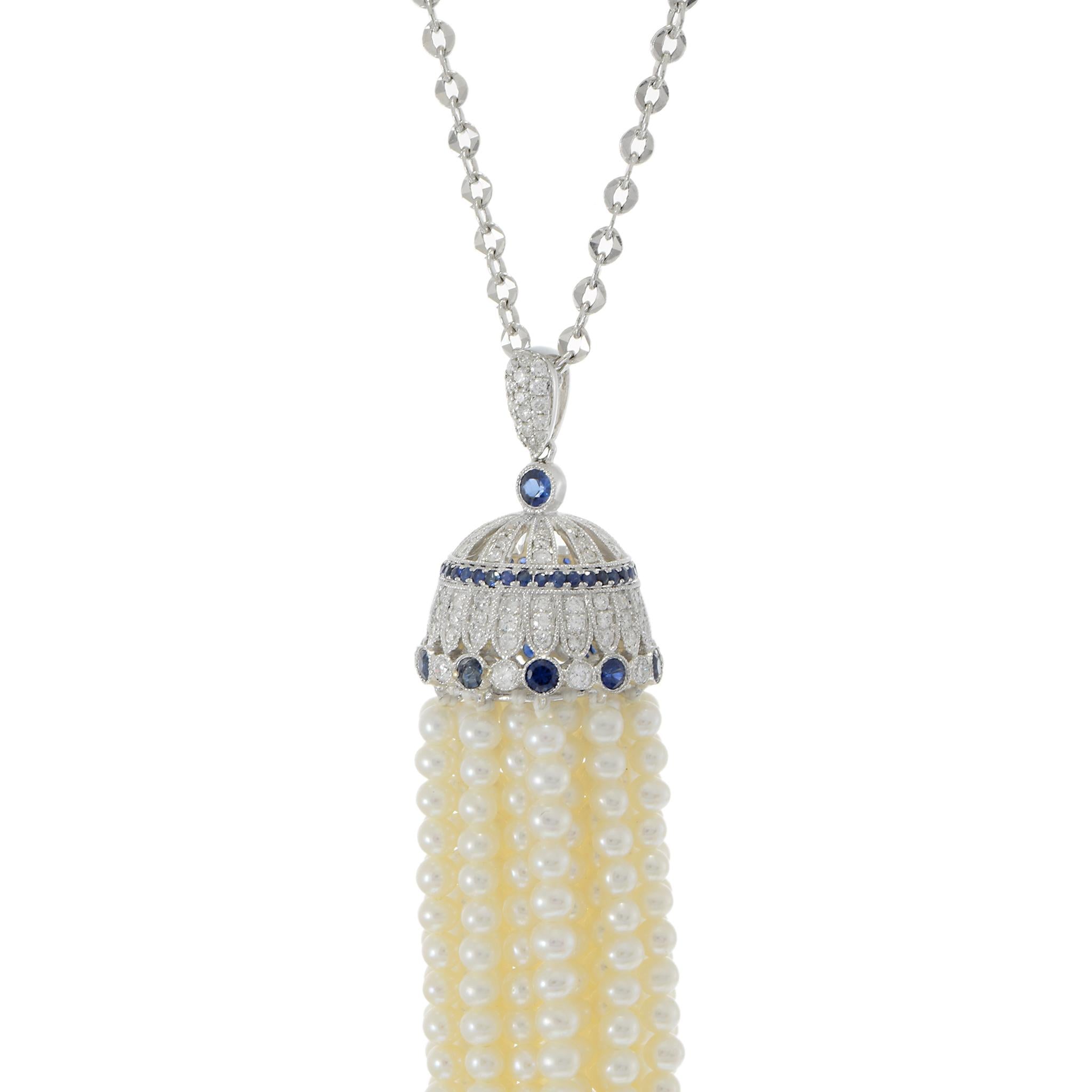 18KT White Gold Pearl, Diamond, and Sapphire Tassel Drop Necklace
