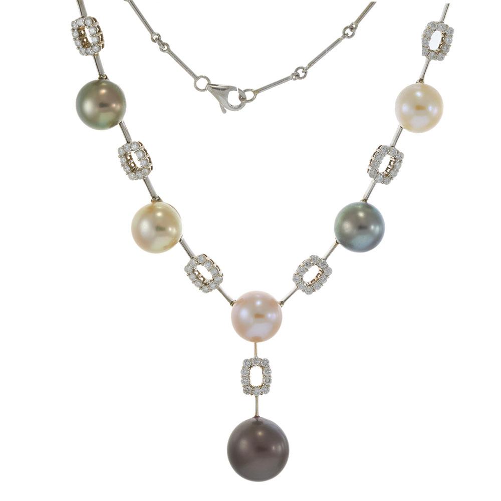 18KT White Gold Diamond and Tahitian Pearl Lariat Necklace