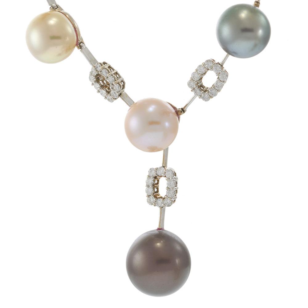18KT White Gold Diamond and Tahitian Pearl Lariat Necklace