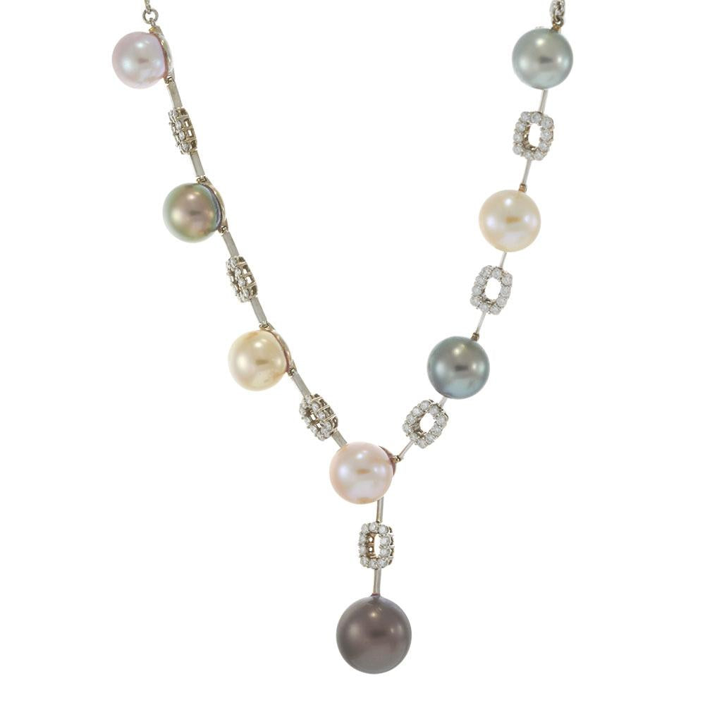 18KT White Gold Diamond and Tahitian Pearl Lariat Necklace