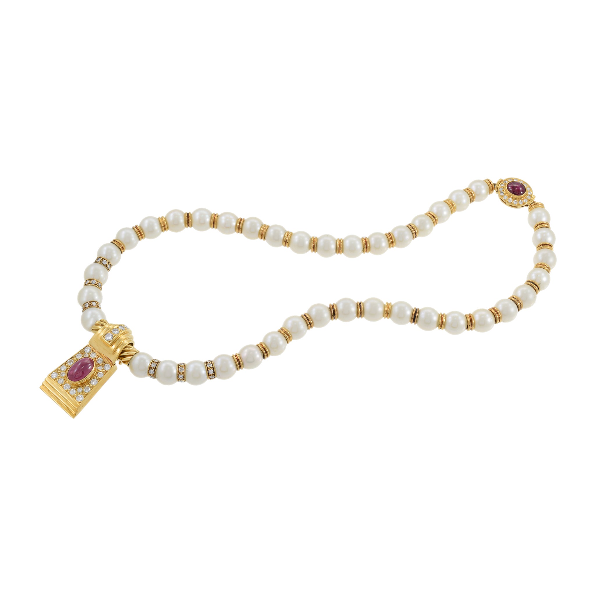 Estate 1970s 18KT Yellow Gold 8mm Pearl Cabochon Ruby And Diamond Drop Necklace