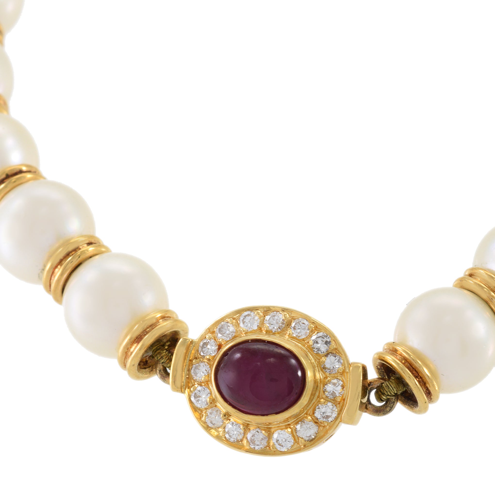 Estate 1970s 18KT Yellow Gold 8mm Pearl Cabochon Ruby And Diamond Drop Necklace