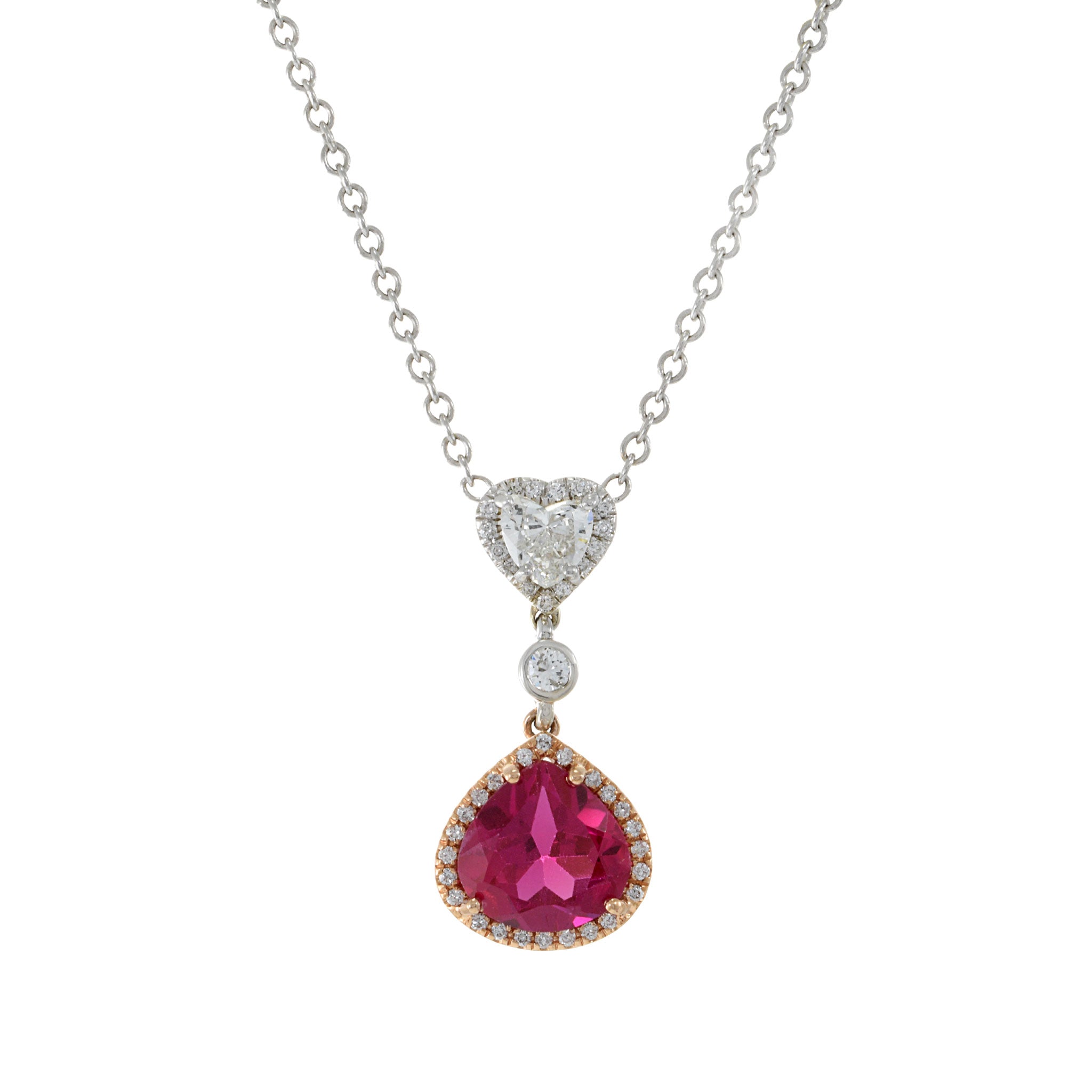 14KT White Gold Synthetic Ruby And Diamond Drop Necklace