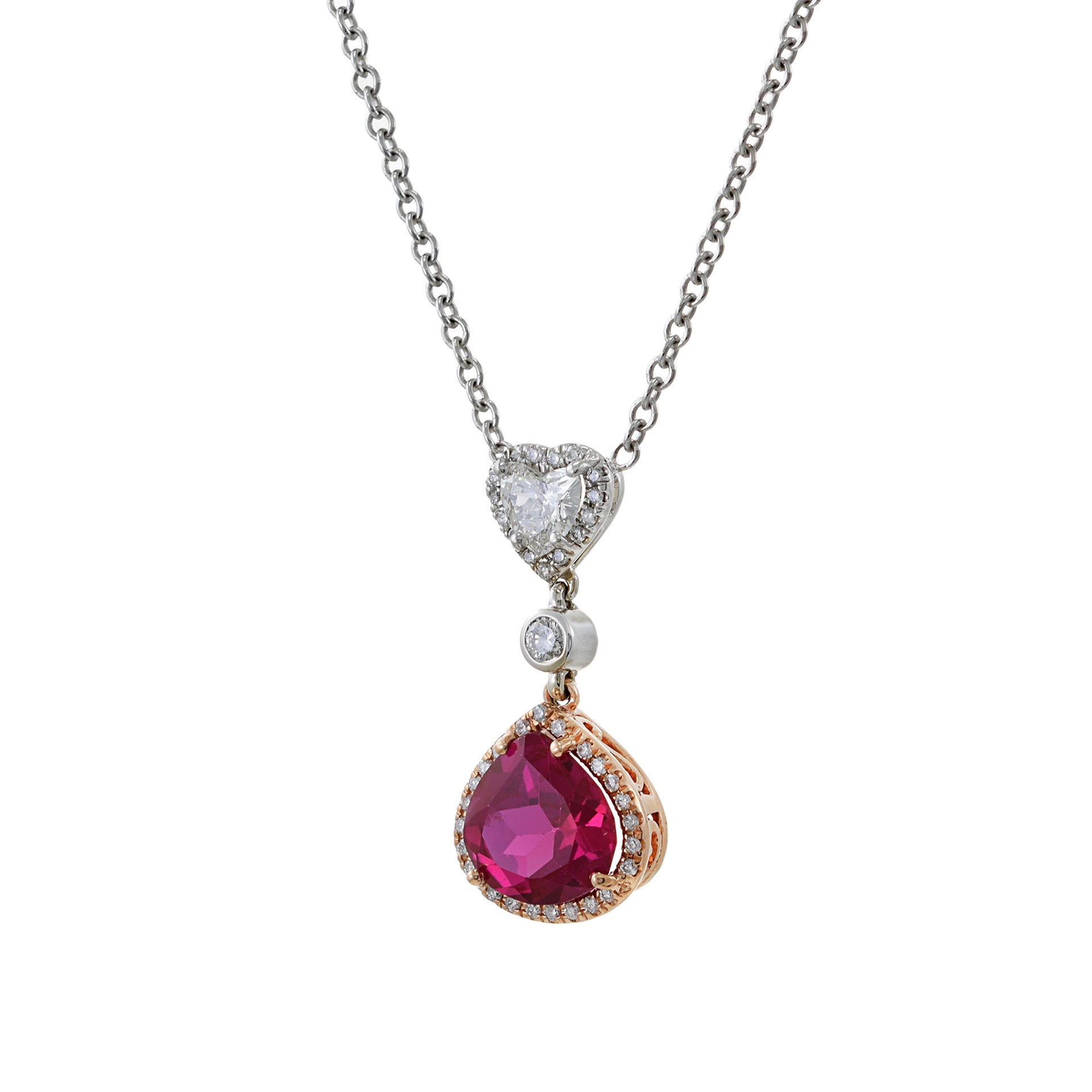 14KT White Gold Synthetic Ruby And Diamond Drop Necklace