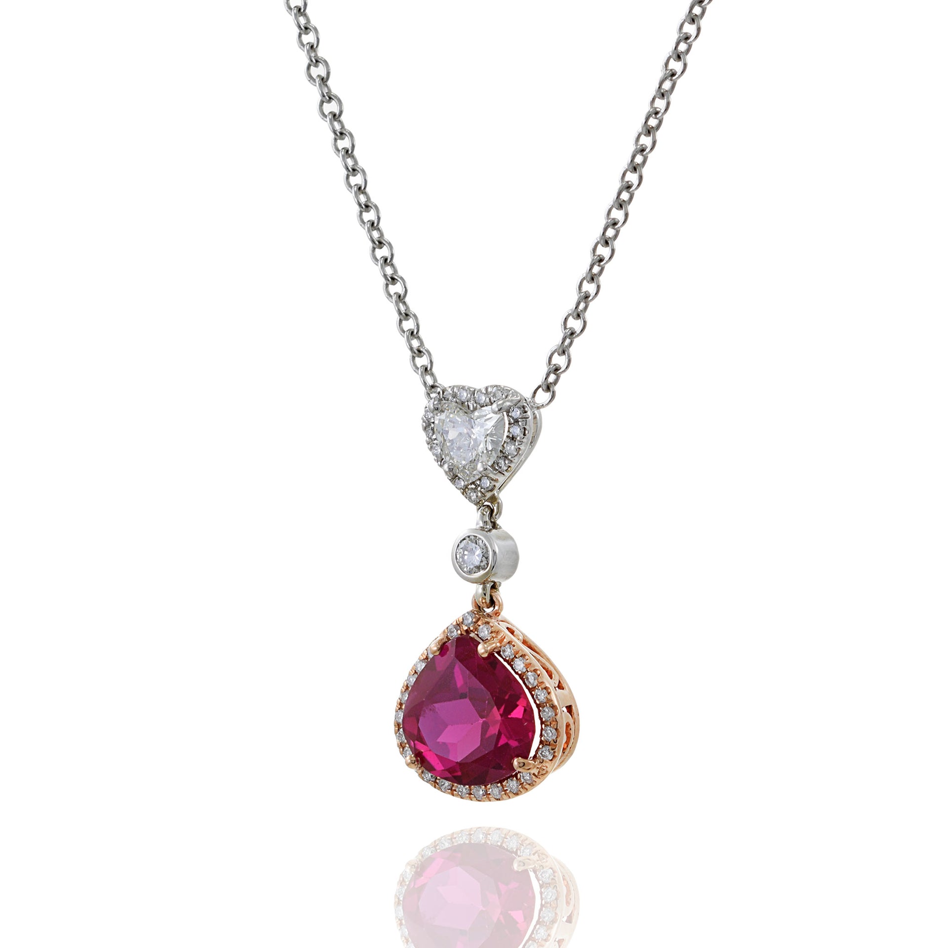 14KT White Gold Synthetic Ruby And Diamond Drop Necklace