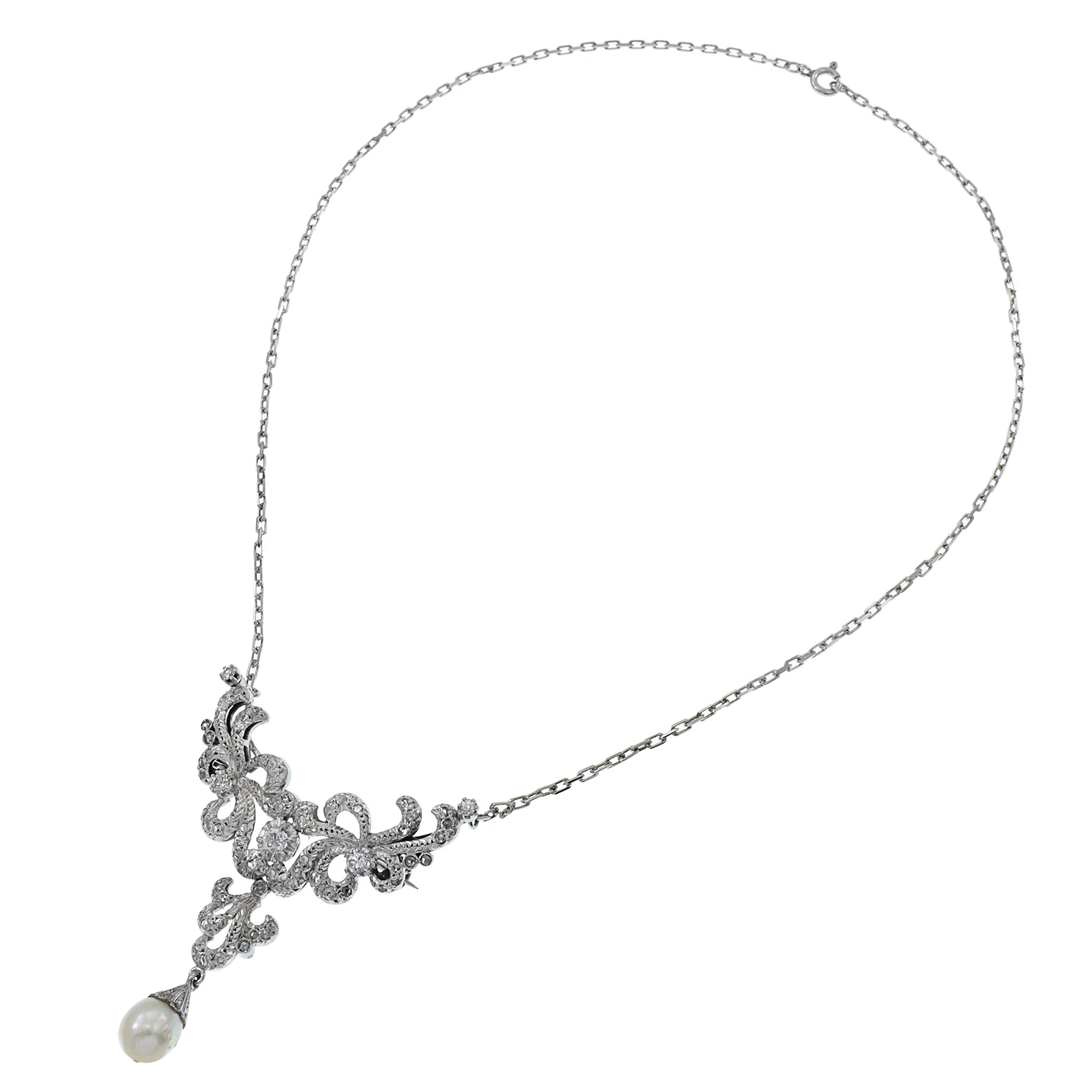 Victorian Era Platinum and Diamond Necklace and Pin Combo with Pearl Drop