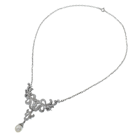 Victorian Era Platinum and Diamond Necklace and Pin Combo with Pearl Drop