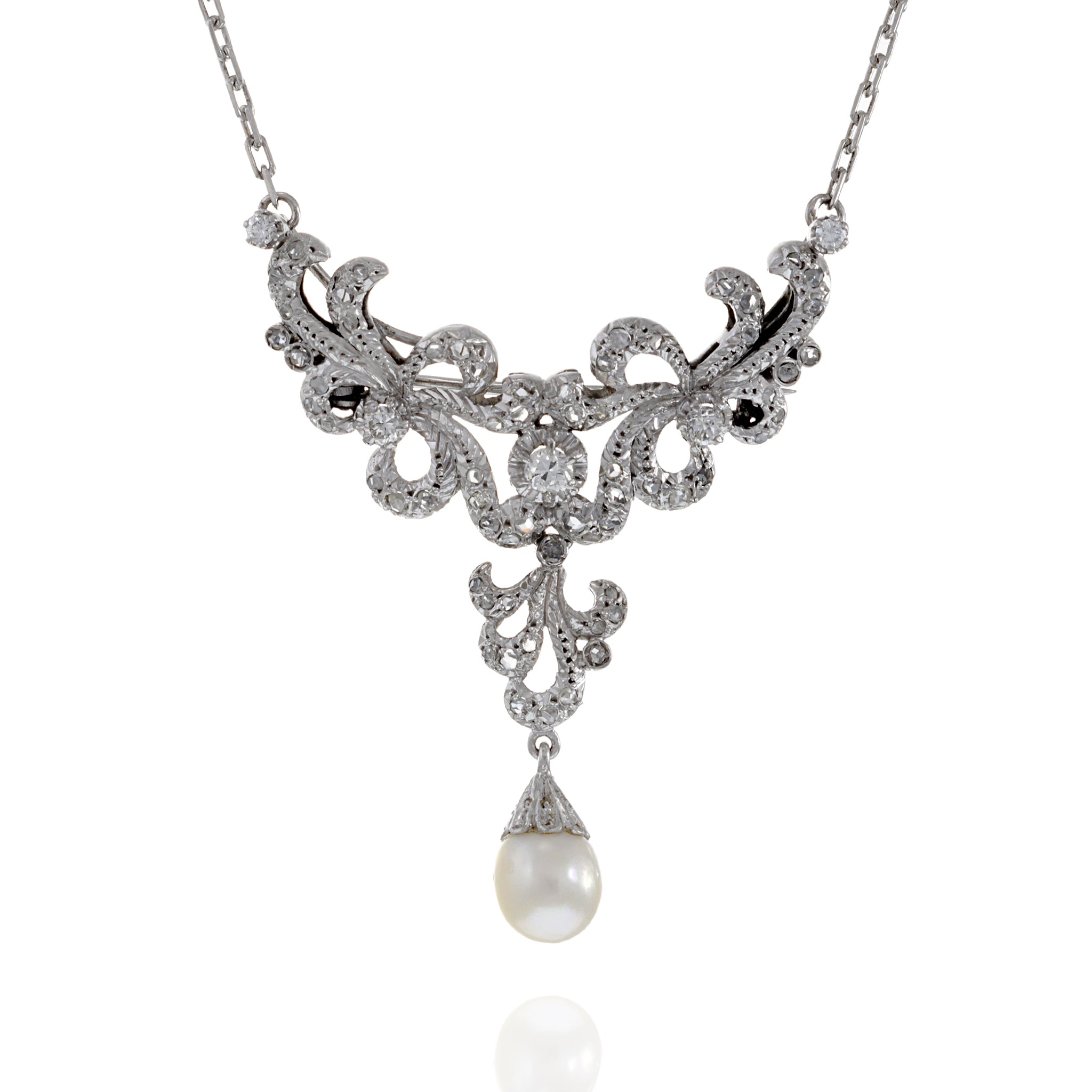 Victorian Era Platinum and Diamond Necklace and Pin Combo with Pearl Drop