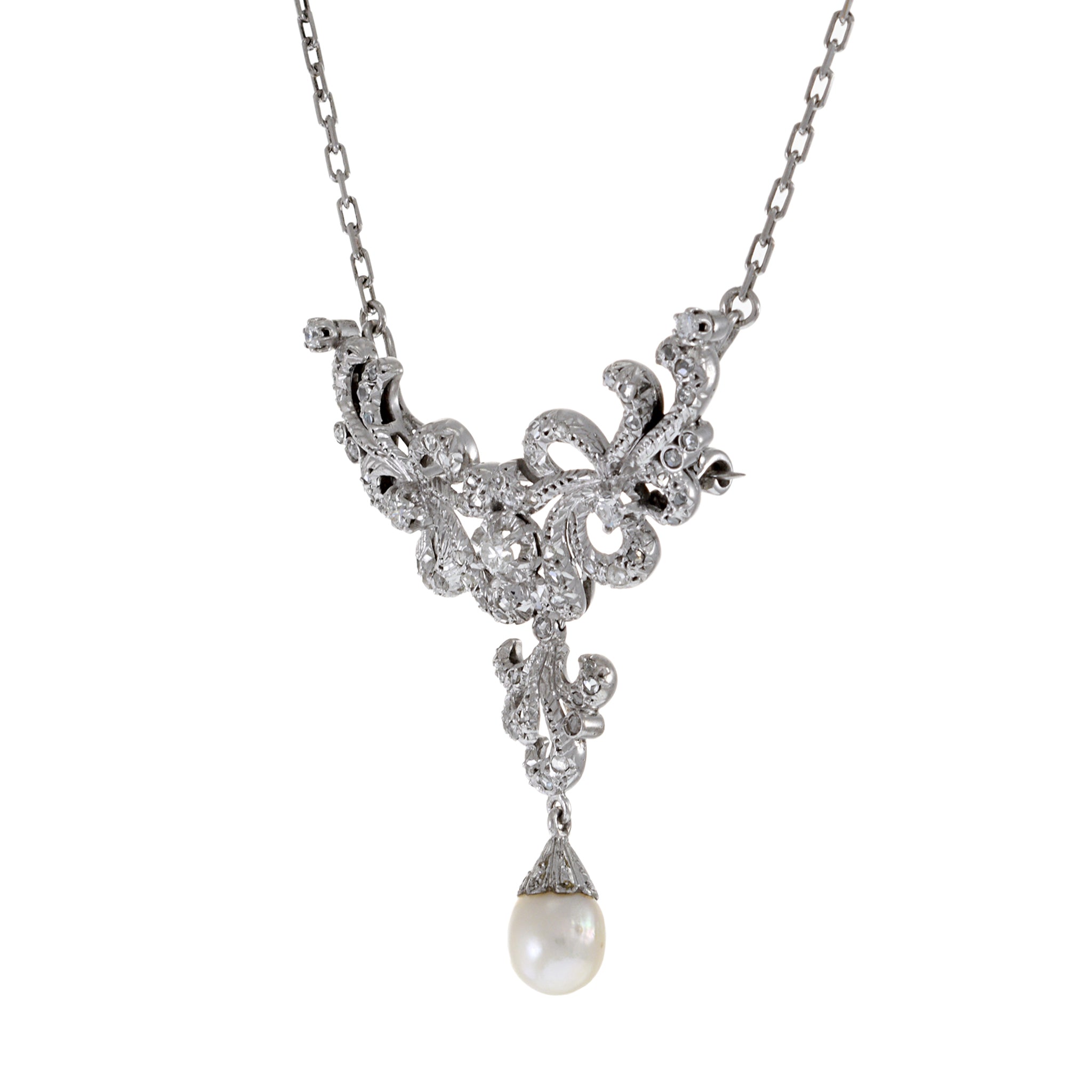 Victorian Era Platinum and Diamond Necklace and Pin Combo with Pearl Drop