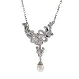 Victorian Era Platinum and Diamond Necklace and Pin Combo with Pearl Drop