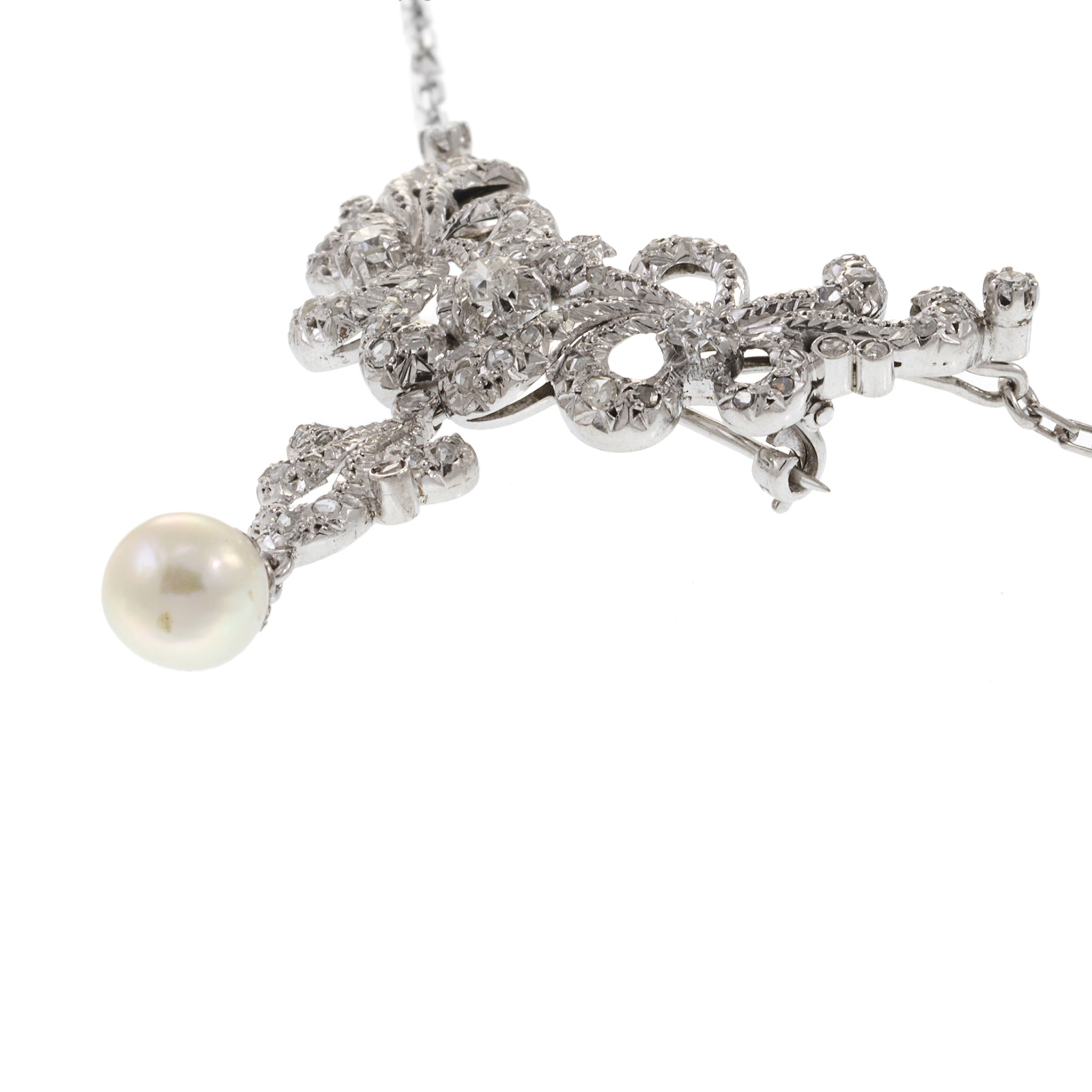 Victorian Era Platinum and Diamond Necklace and Pin Combo with Pearl Drop