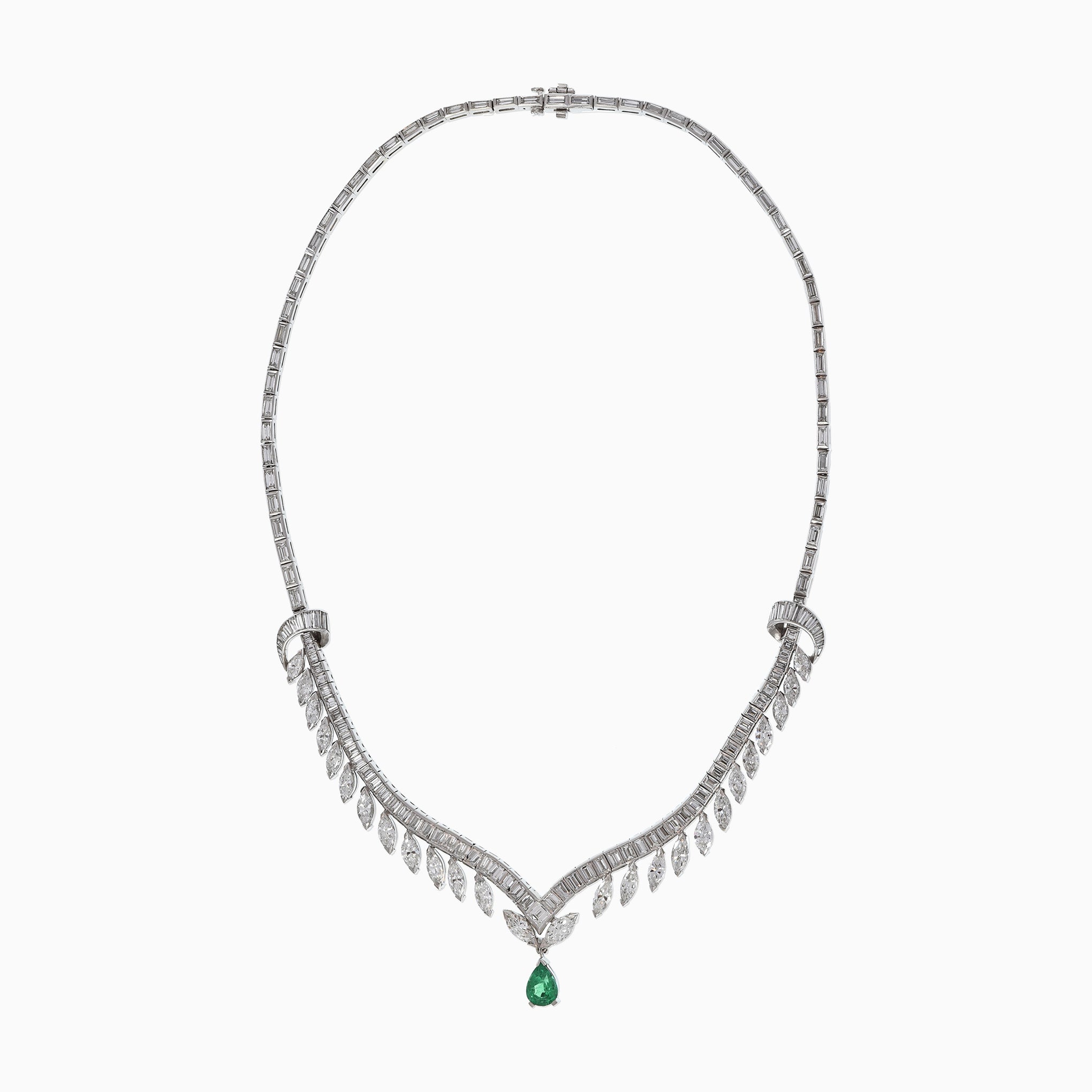 Estate Platinum Emerald And Diamond Drop Necklace