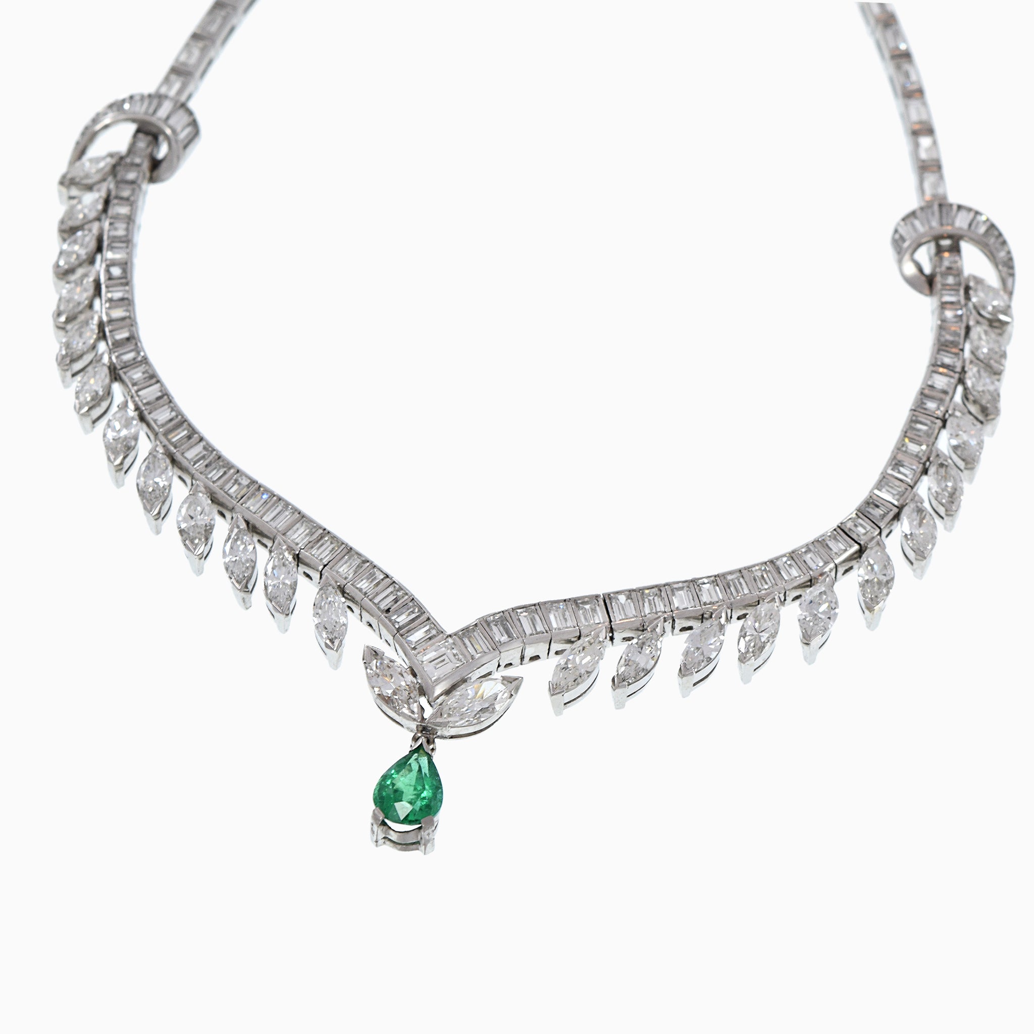 Estate Platinum Emerald And Diamond Drop Necklace