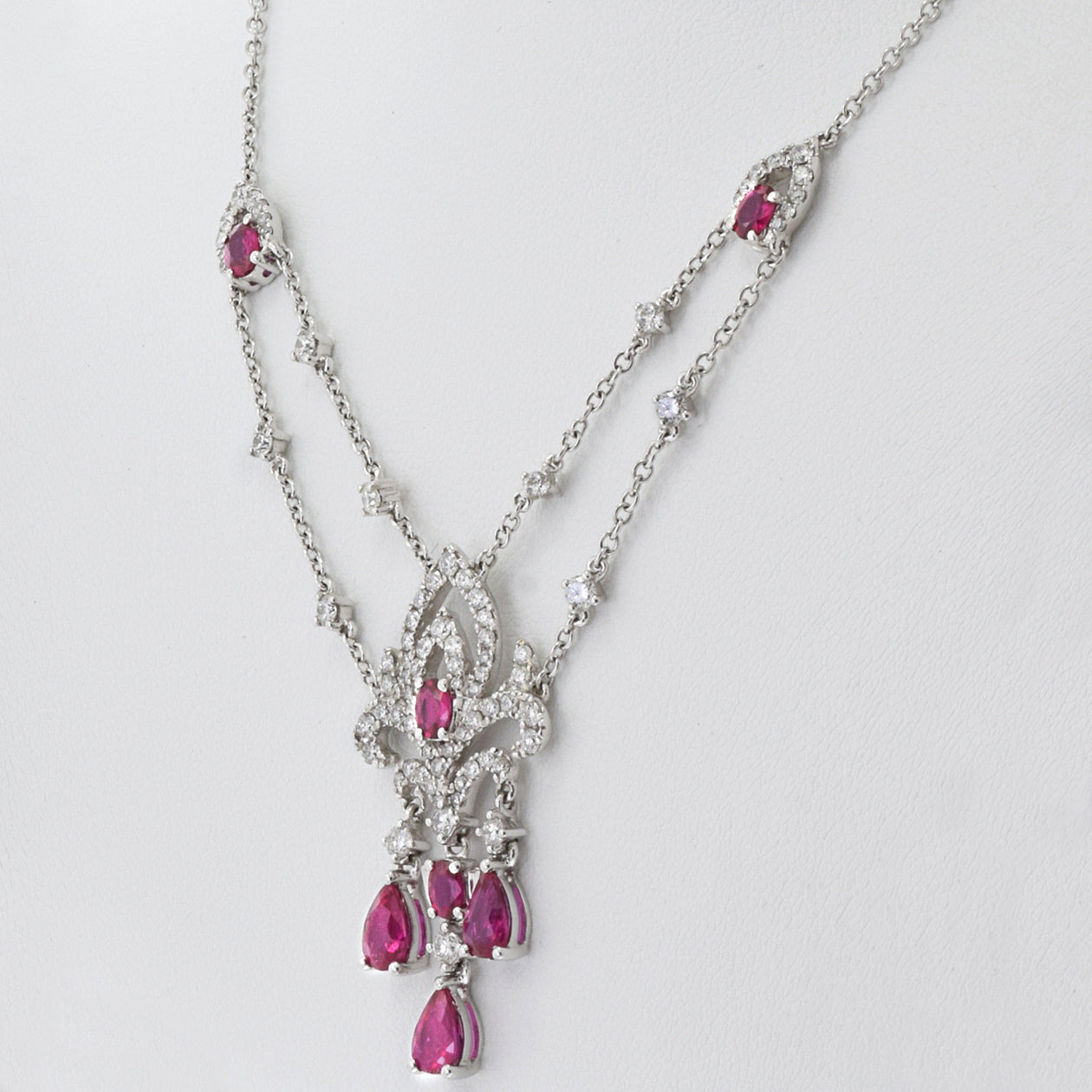18KT White Gold Ruby And Diamond Drop Necklace