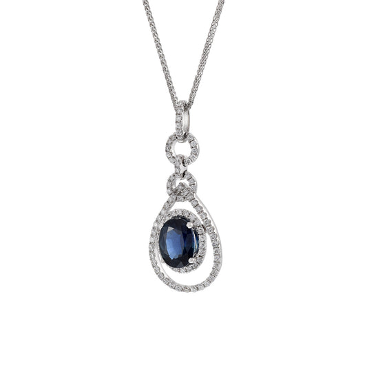 18KT White Gold Oval Sapphire And Diamond Drop Pendant Necklace