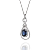 18KT White Gold Oval Sapphire And Diamond Drop Pendant Necklace