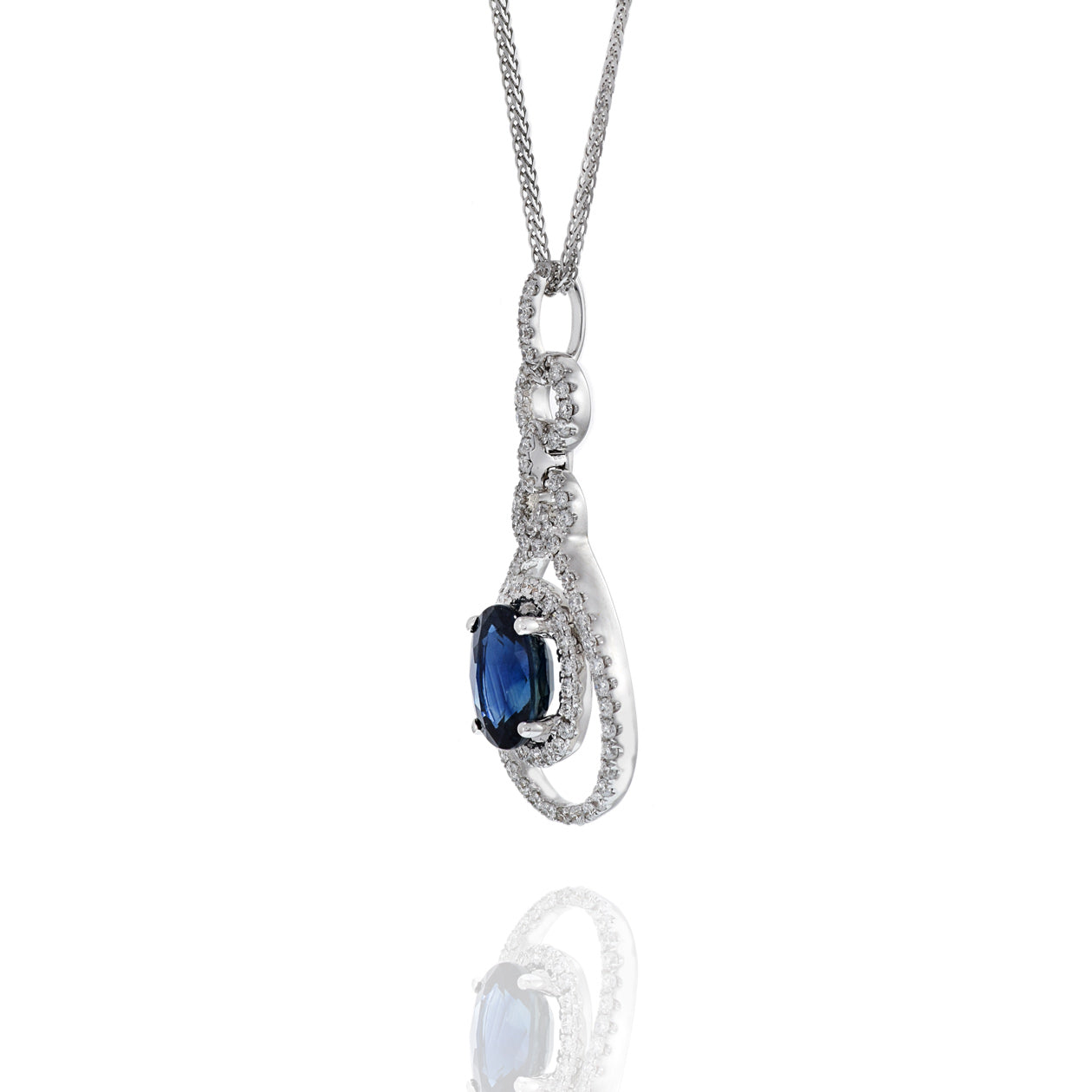 18KT White Gold Oval Sapphire And Diamond Drop Pendant Necklace