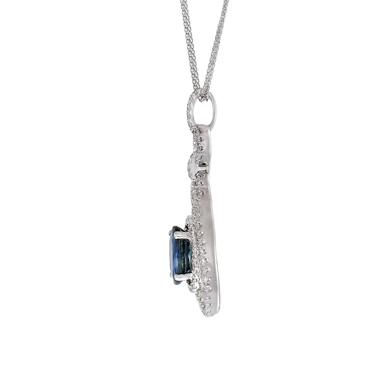 18KT White Gold Oval Sapphire And Diamond Drop Pendant Necklace