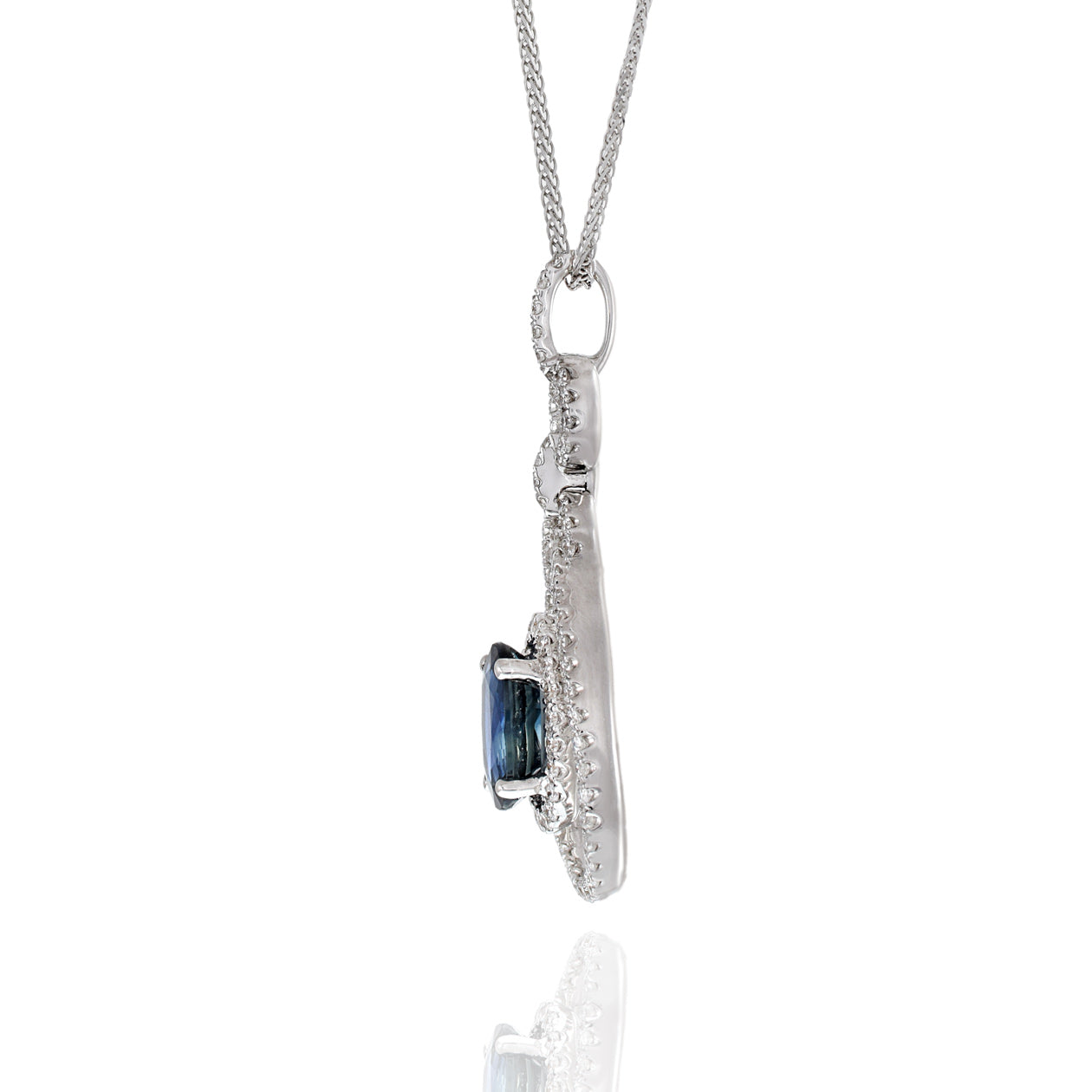 18KT White Gold Oval Sapphire And Diamond Drop Pendant Necklace