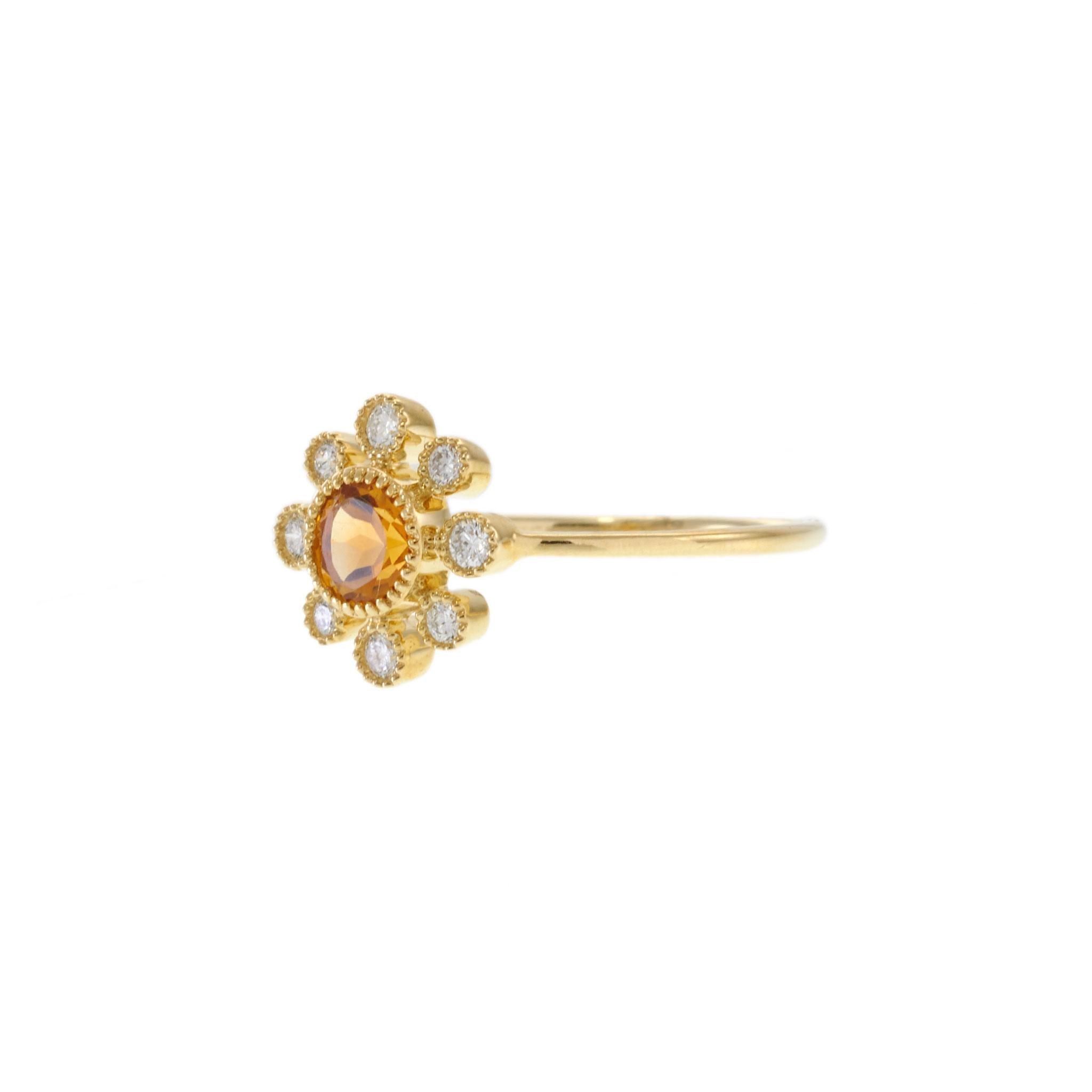 14KT Yellow Gold Citrine and Diamond Milgrain Flower Ring