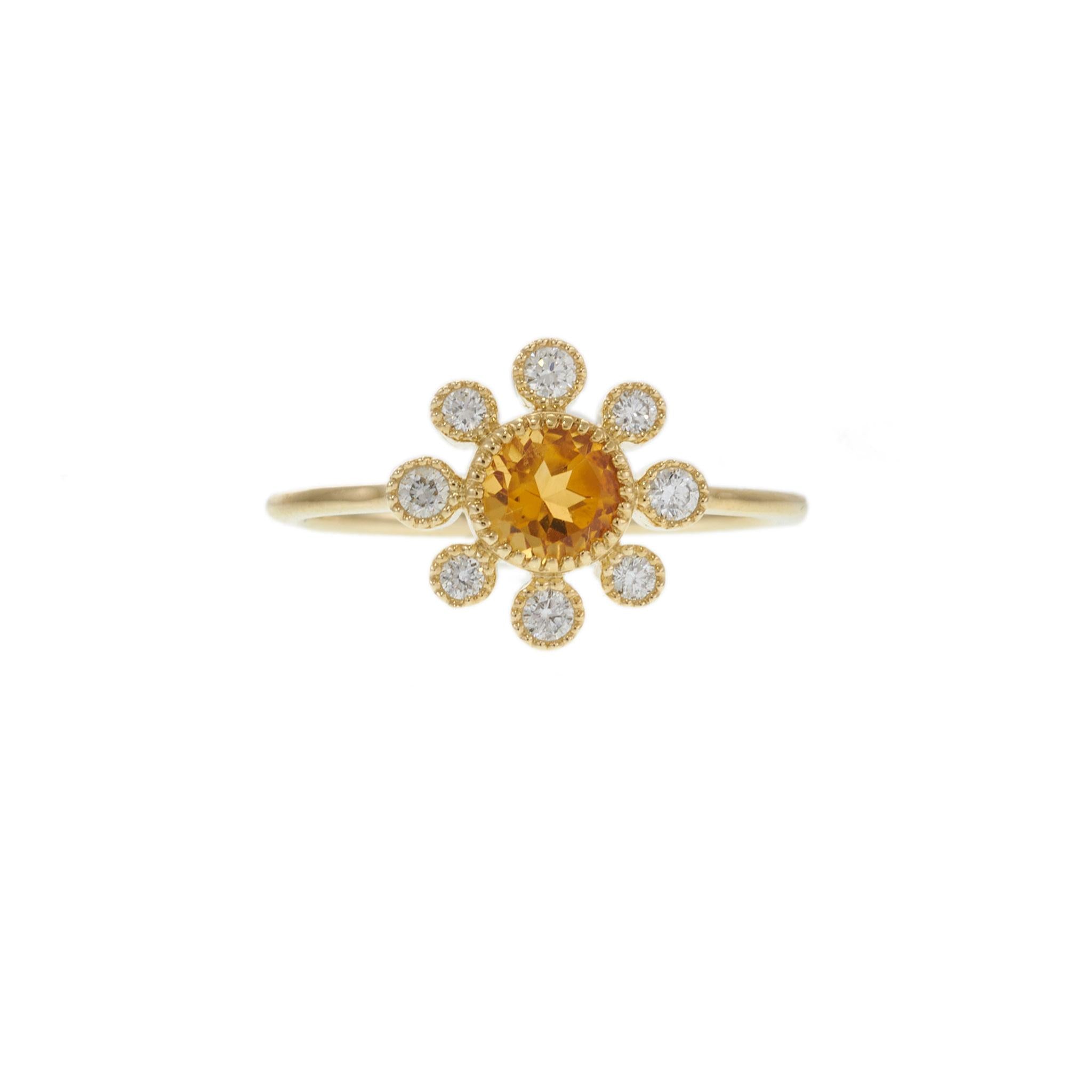 14KT Yellow Gold Citrine and Diamond Milgrain Flower Ring