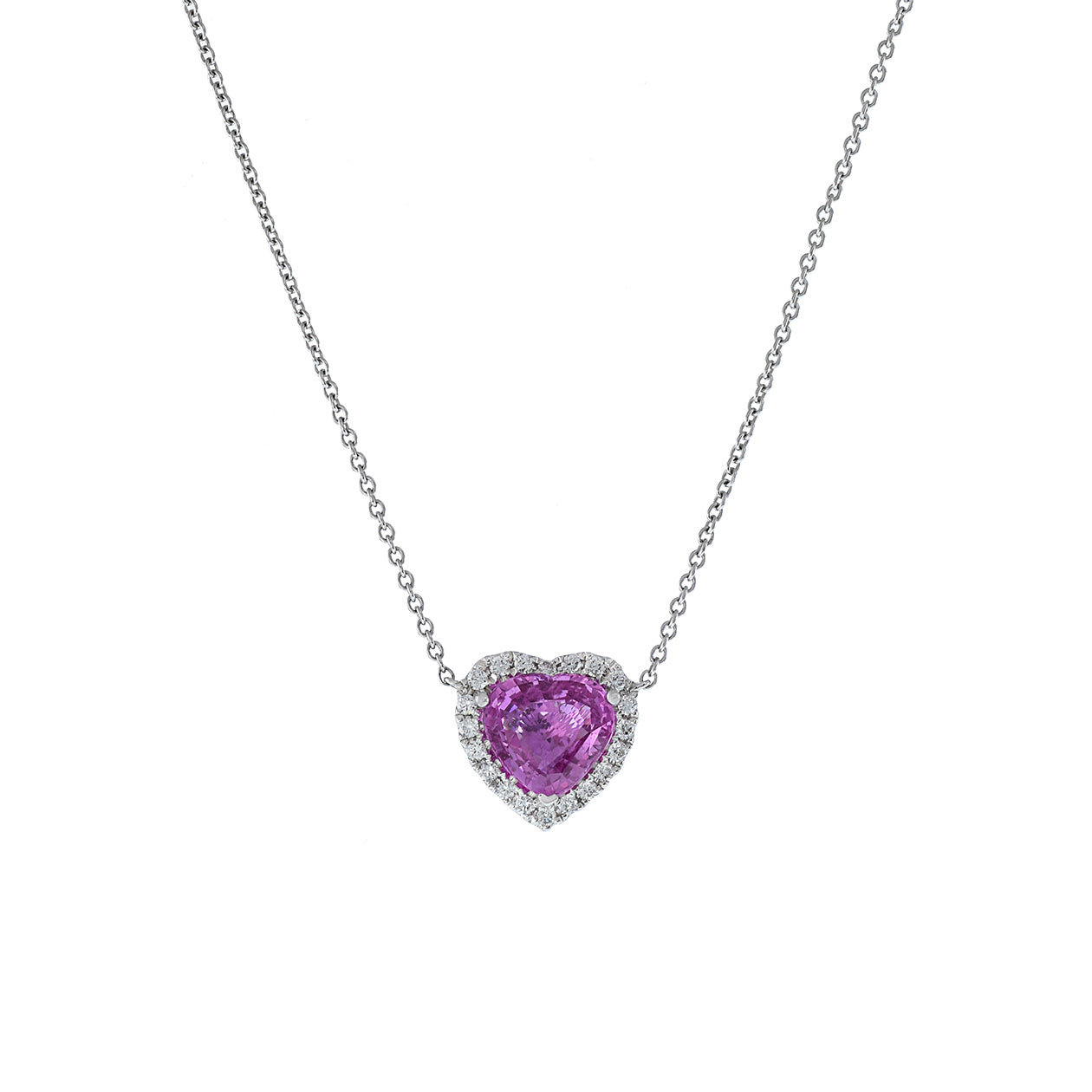 18KT White Gold Heart Shaped Pink Sapphire And Diamond Necklace