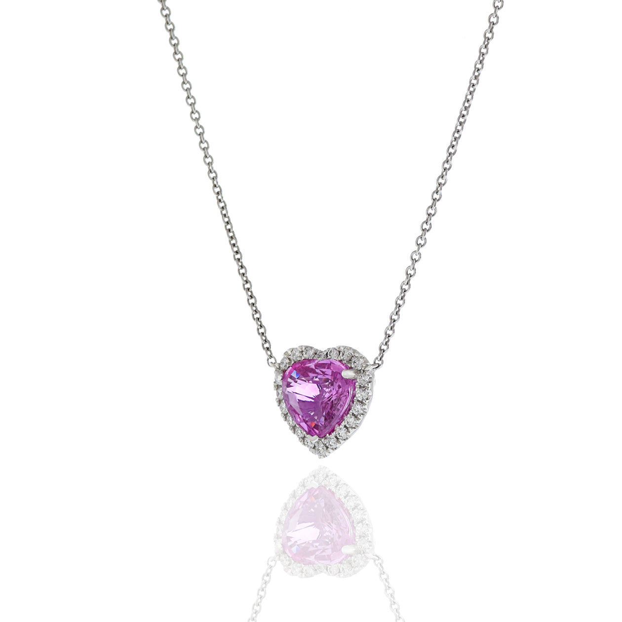 18KT White Gold Heart Shaped Pink Sapphire And Diamond Necklace