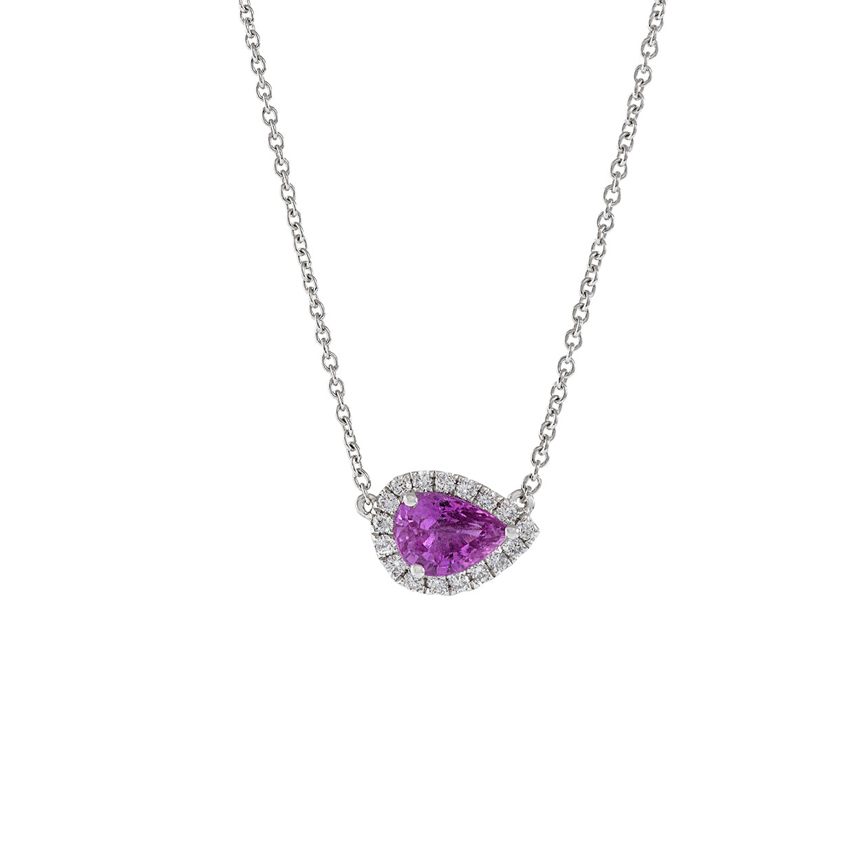 18KT White Gold Pink Sapphire And Diamond Pear Shaped Pendant Necklace