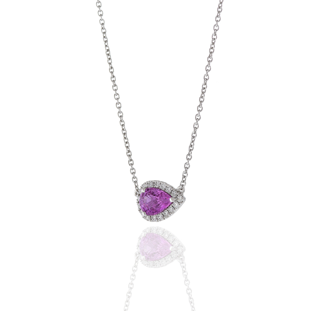 18KT White Gold Pink Sapphire And Diamond Pear Shaped Pendant Necklace