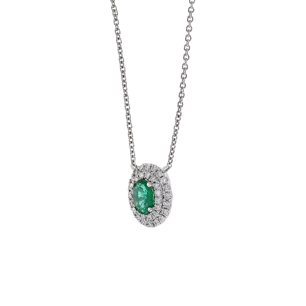 18KT White Gold Double Halo Emerald and Diamond Necklace