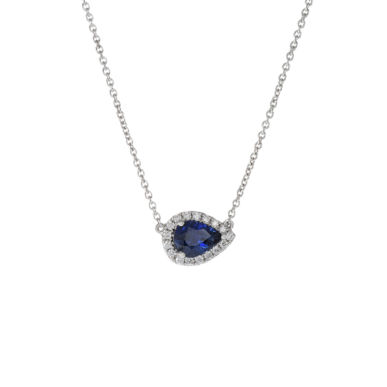 18KT White Gold Sapphire And Diamond Pear Shaped Pendant Necklace