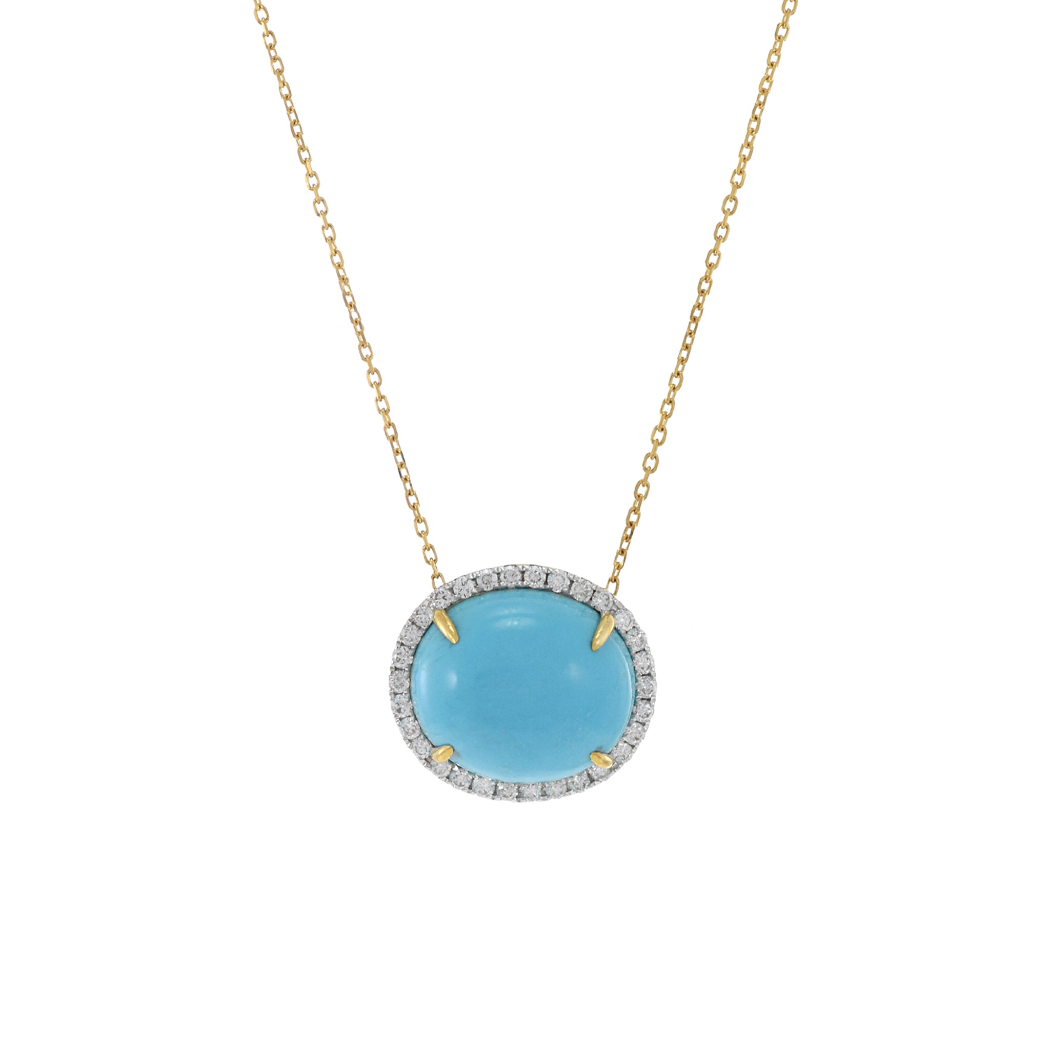 18KT Yellow Gold Oval Turquoise And Diamond Pendant Necklace