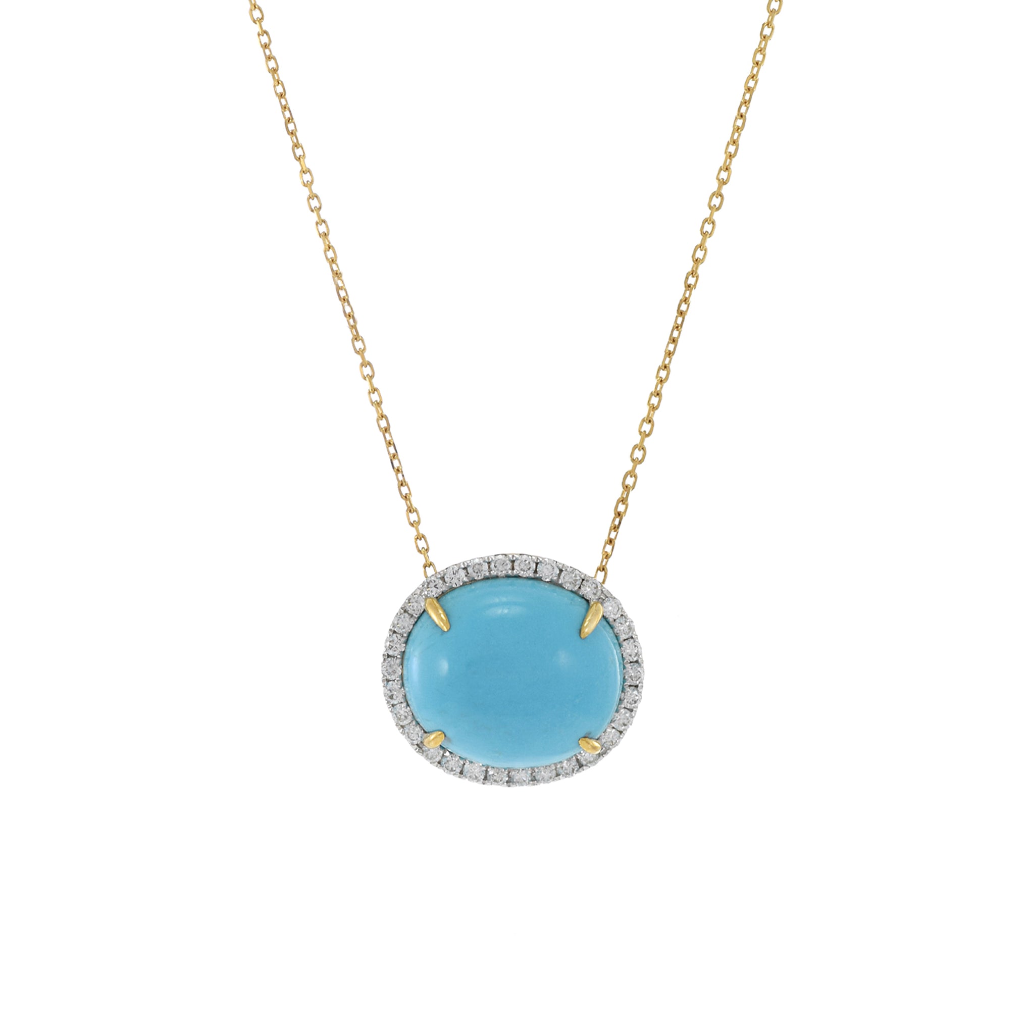 18KT Yellow Gold Oval Turquoise And Diamond Pendant Necklace