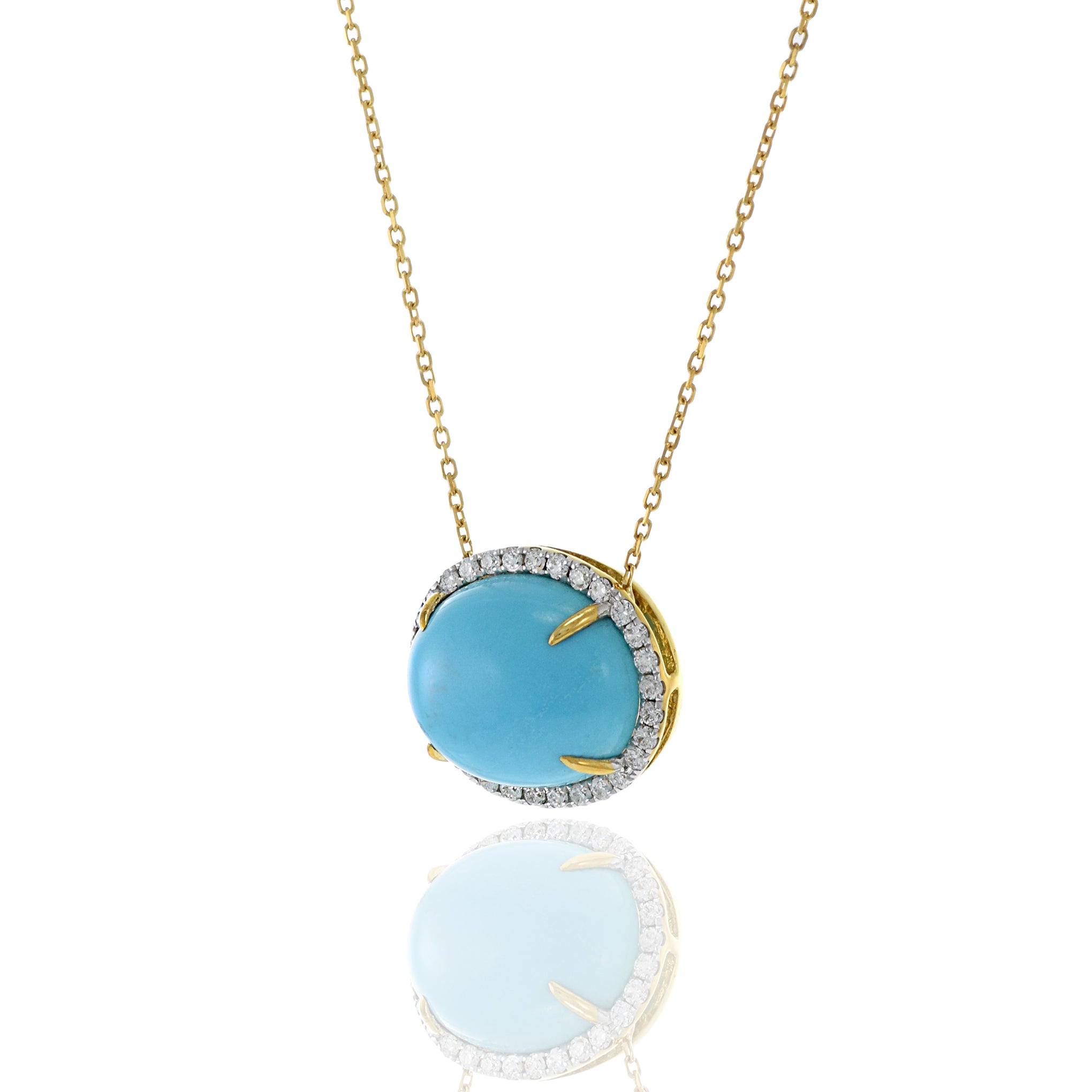 18KT Yellow Gold Oval Turquoise And Diamond Pendant Necklace