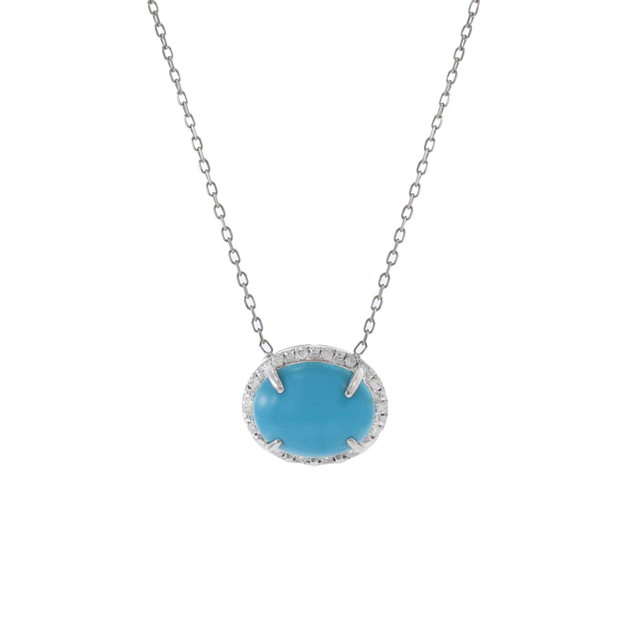 18KT White Gold Oval Turquoise And Diamond Necklace