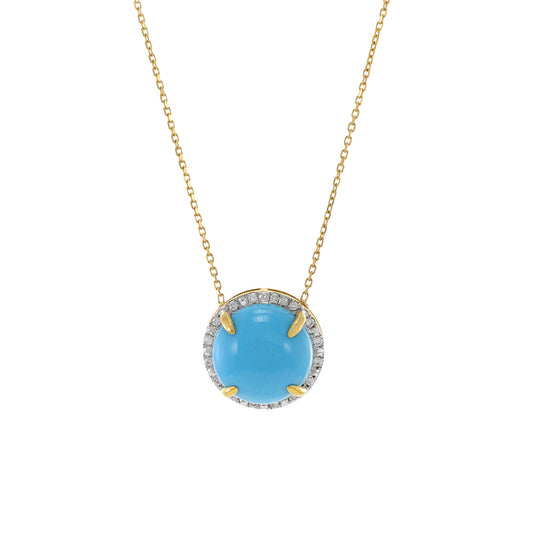 18KT Yellow Gold Round Turquoise And Diamond Necklace
