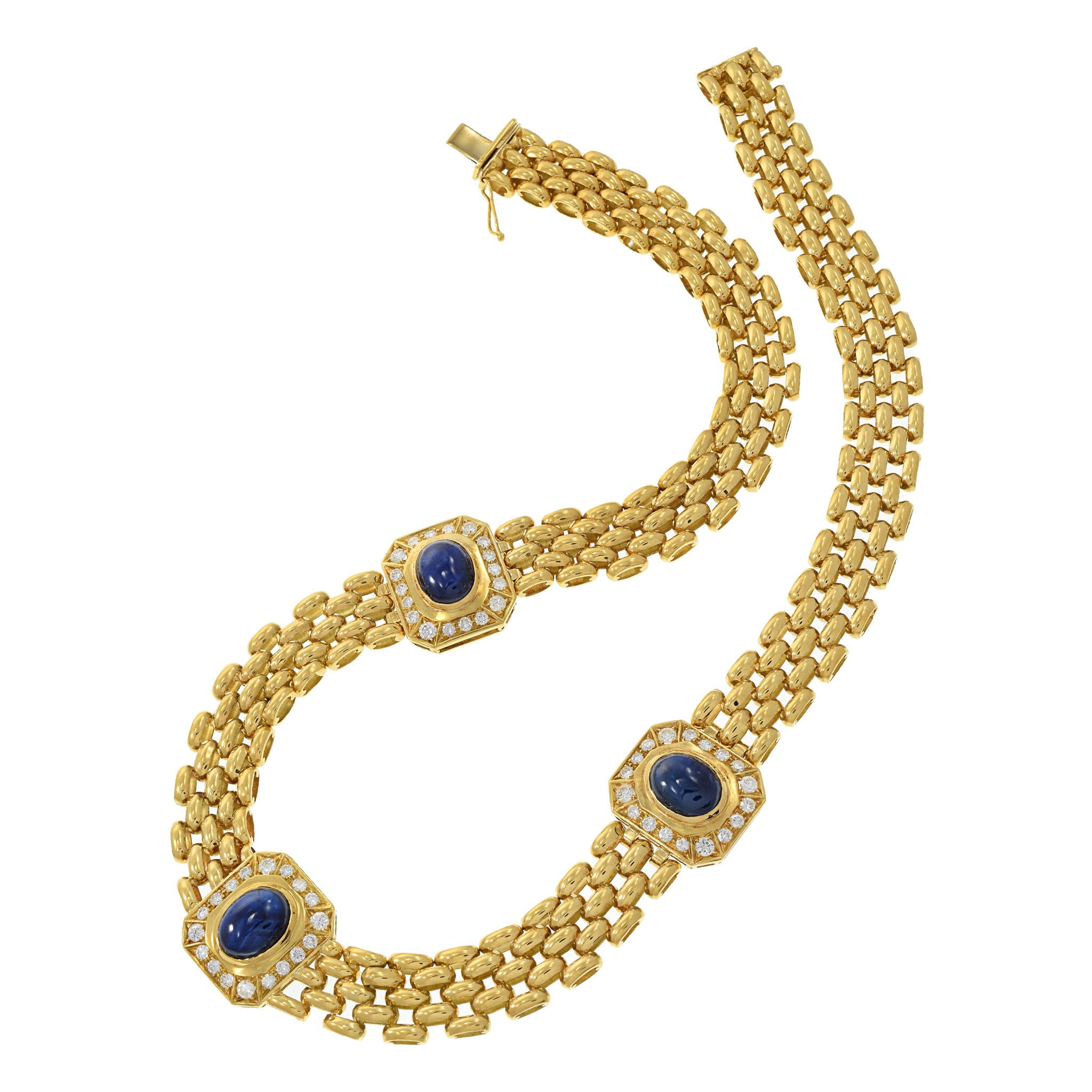 Estate Retro Italian 18KT Yellow Gold Diamond and Sapphire Link Necklace