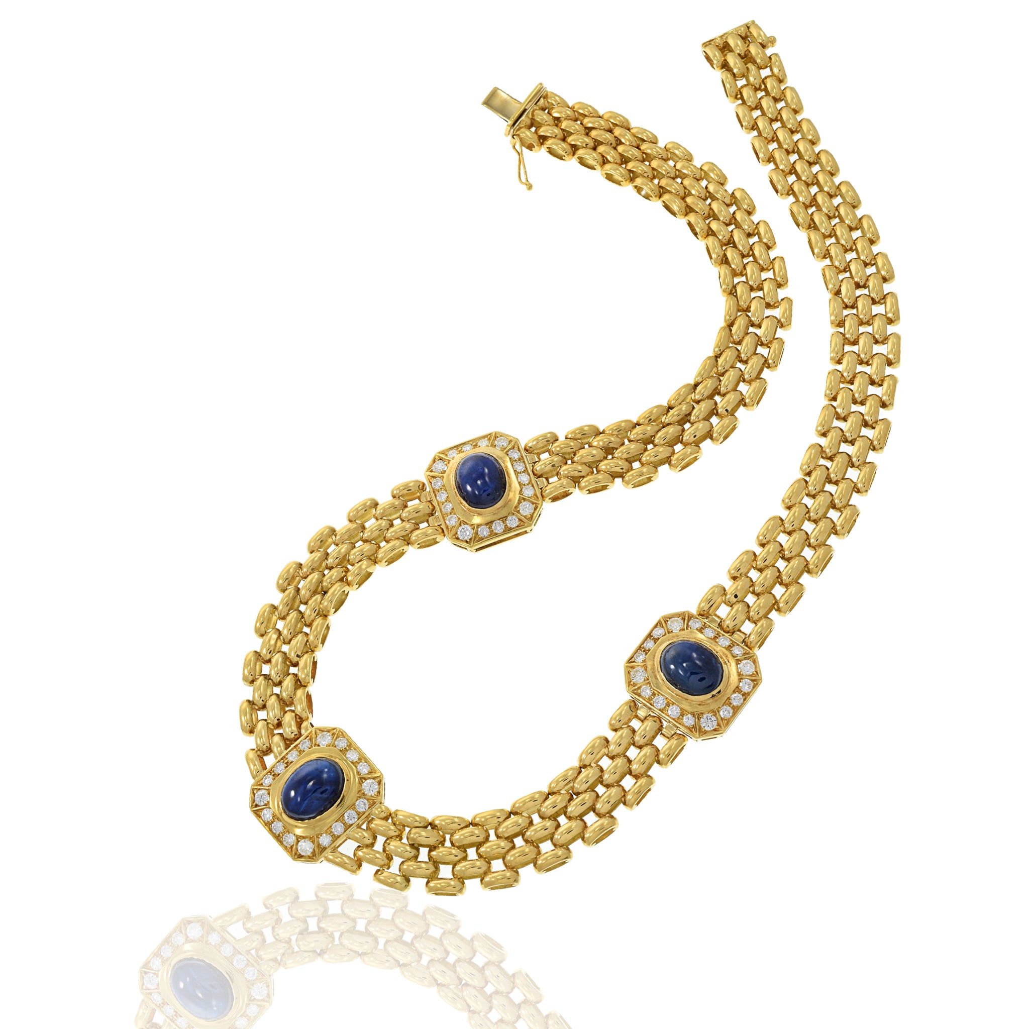 Estate Retro Italian 18KT Yellow Gold Diamond and Sapphire Link Necklace