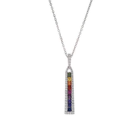 18KT White Gold Multi Color Sapphire and Diamond Bar Necklace