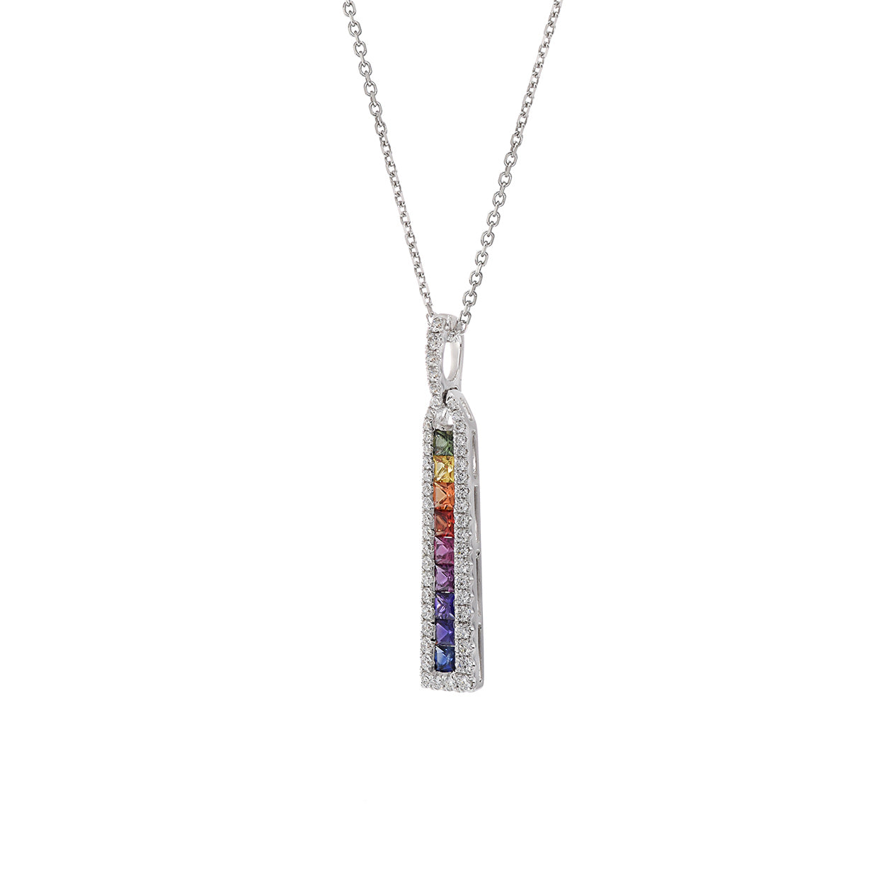 18KT White Gold Multi Color Sapphire And Diamond Bar Necklace