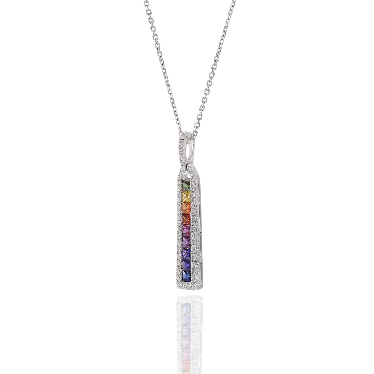 18KT White Gold Multi Color Sapphire And Diamond Bar Necklace