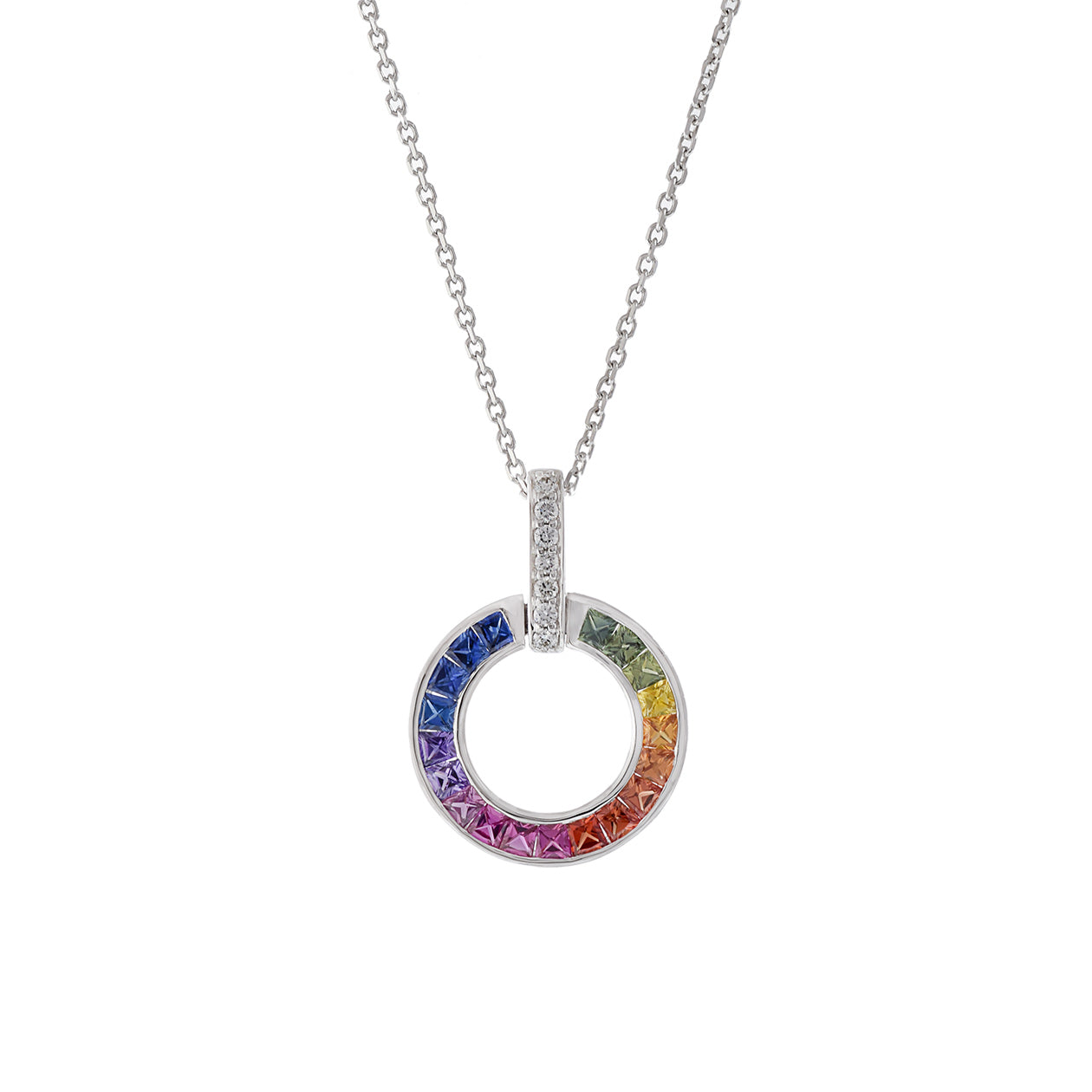 18KT White Gold Multi Color Sapphire and Diamond Circle Necklace